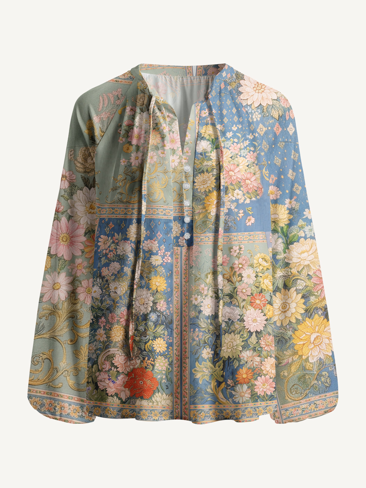 Van Gogh Bouquet of Flowers in a Vase Long Sleeve Tie‑Neck Blouse