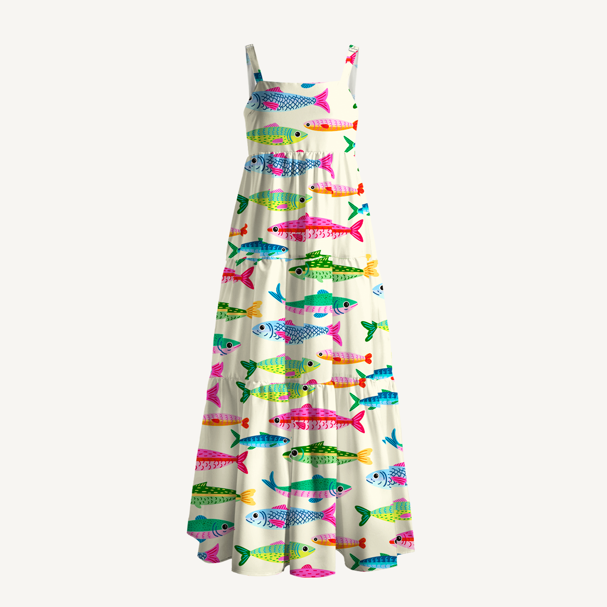 Bright Sardine Print Wide Straps Maxi Dress With Pockets