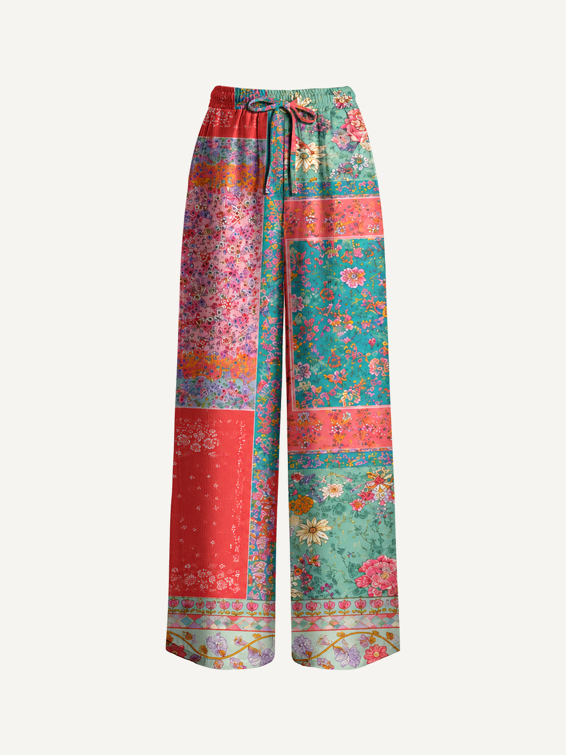 Coral Patchwork Garden Pants For Women With Pockets
