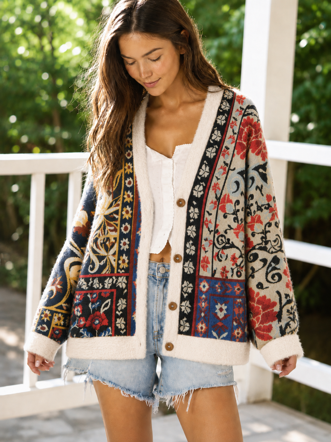Vintage Ornamental Floral Patchwork Buttons Cardigan Sweaters