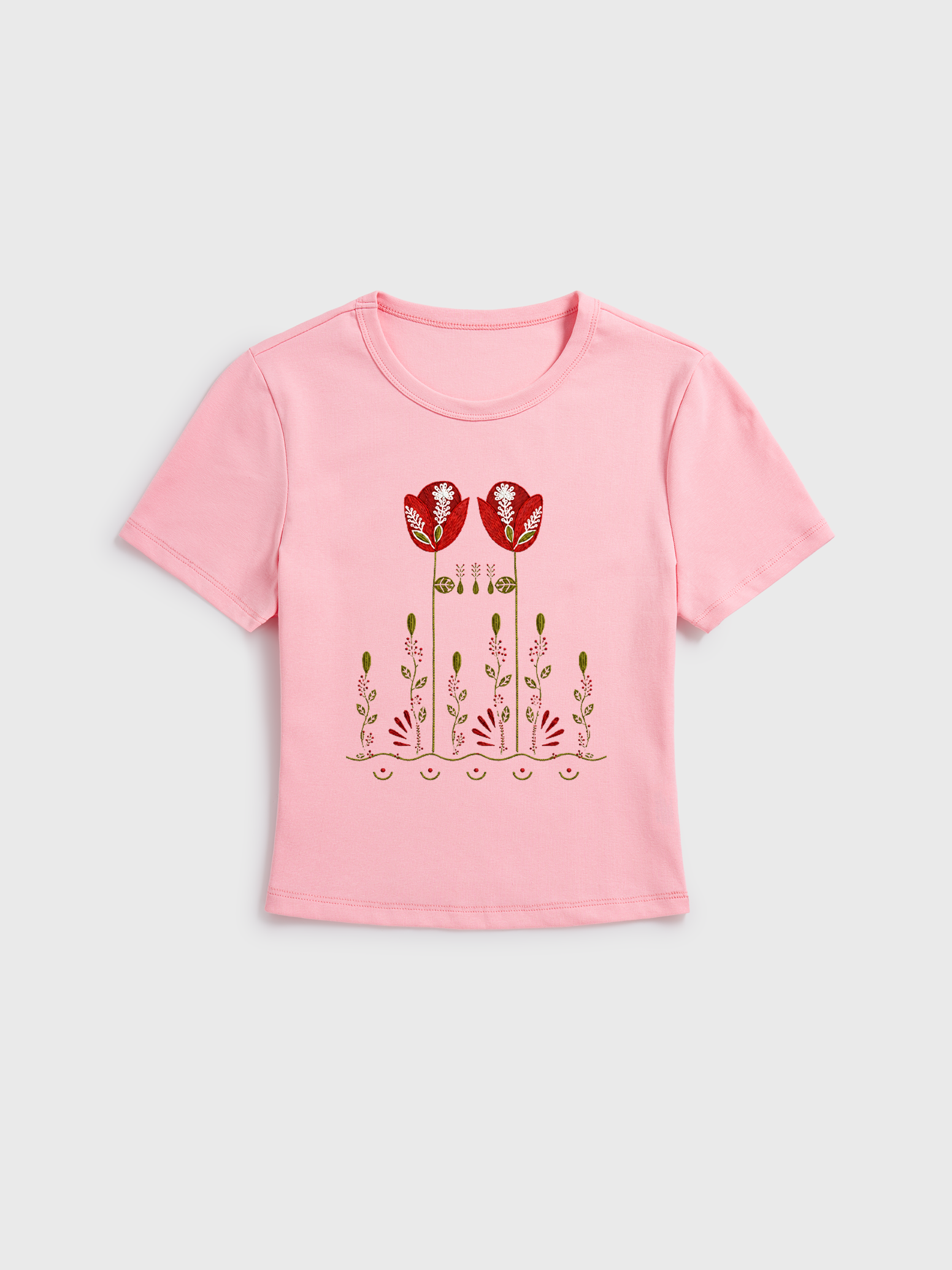 Red Tulip Print Crew Neck Cotton Tee
