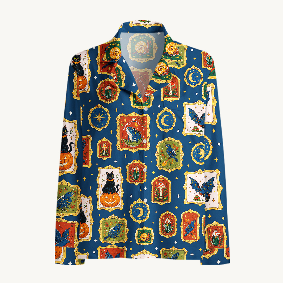 Whimsical Halloween Black Cat Bat & Moon Long Sleeves Pajama Sets