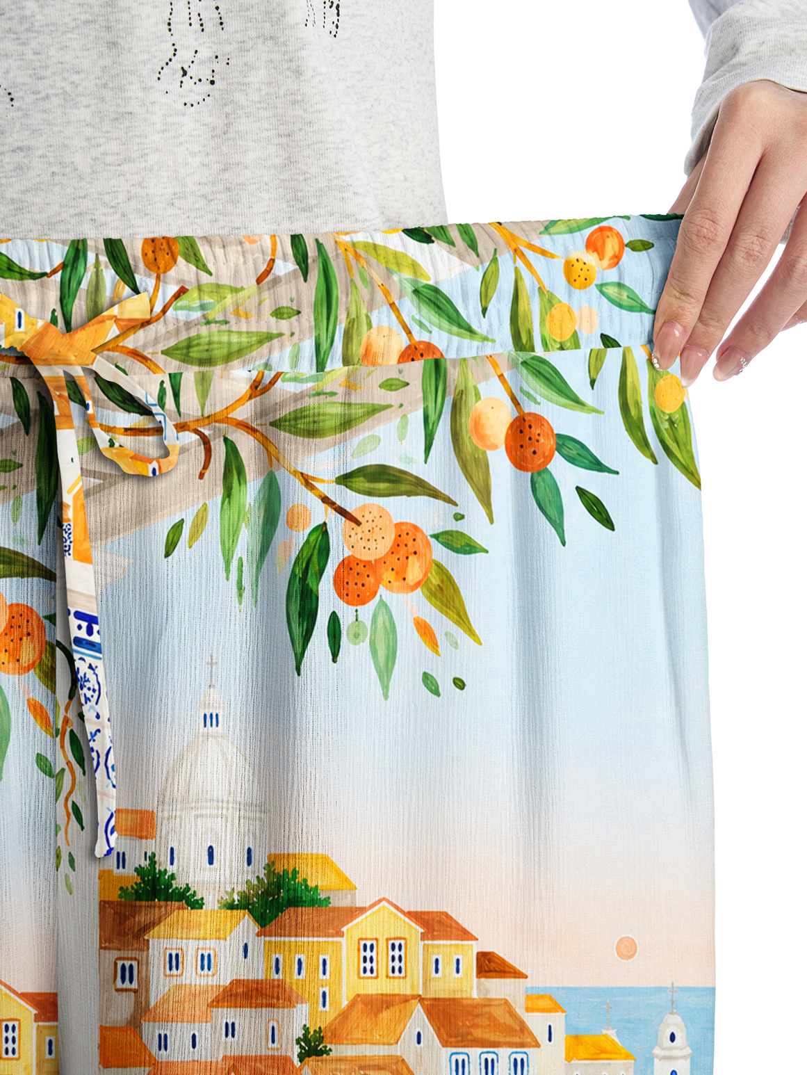 Lisbon Cityscape Wide Leg Tie Waist Pants With Pockets