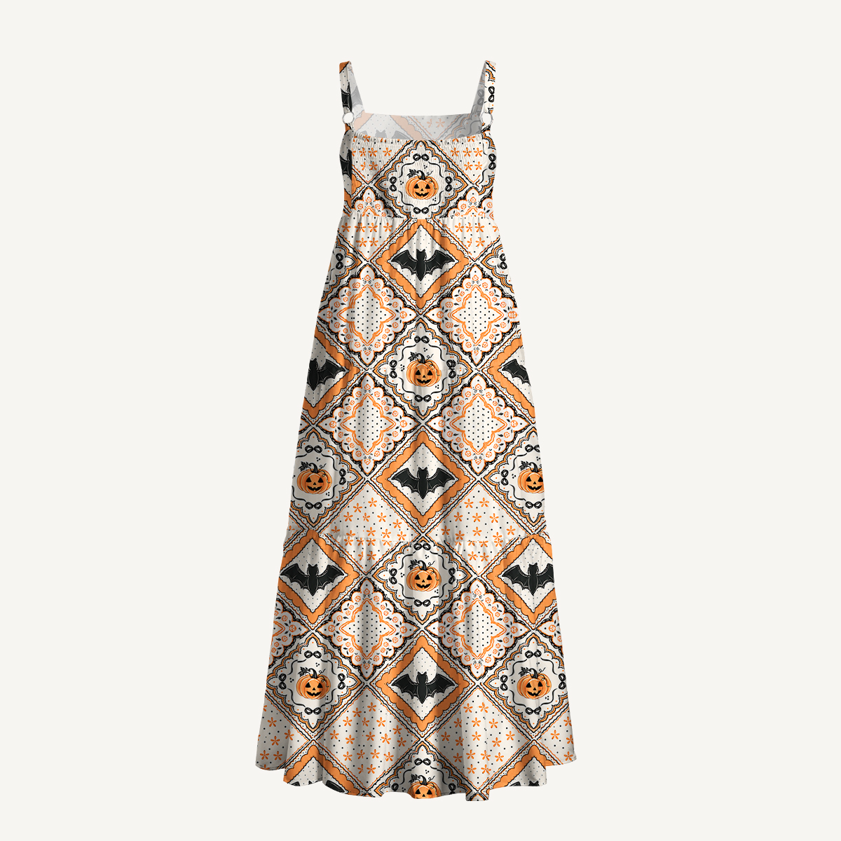 Halloween Bat & Pumpkin Vintage Boho Strap Maxi Dress With Pockets