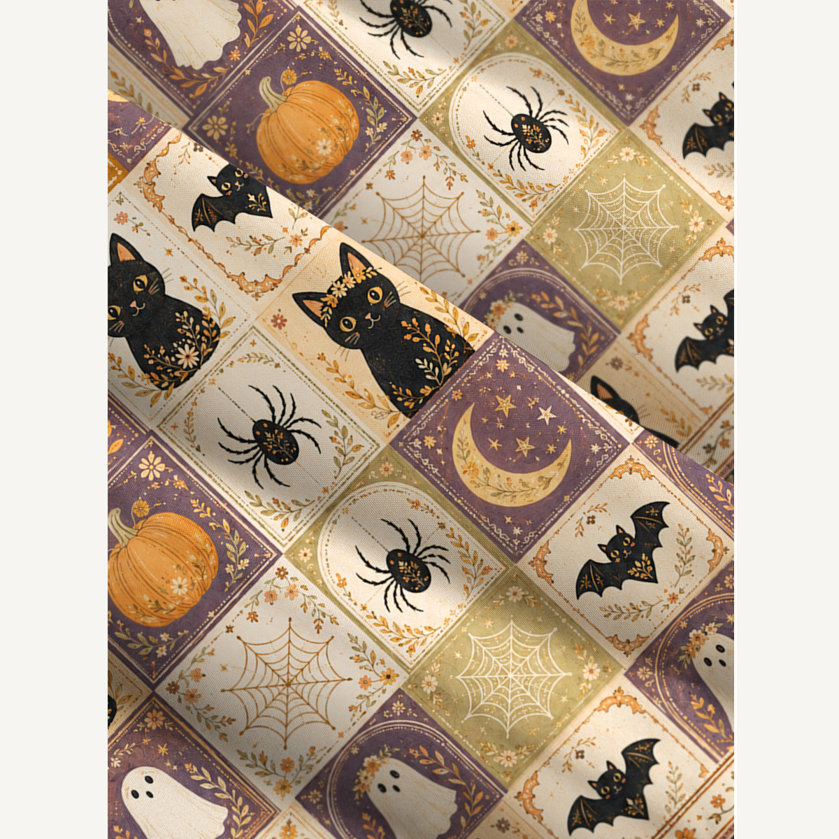 Halloween Cat & Pumpkin Patchwork Print Strap Maxi Dress With Pockets