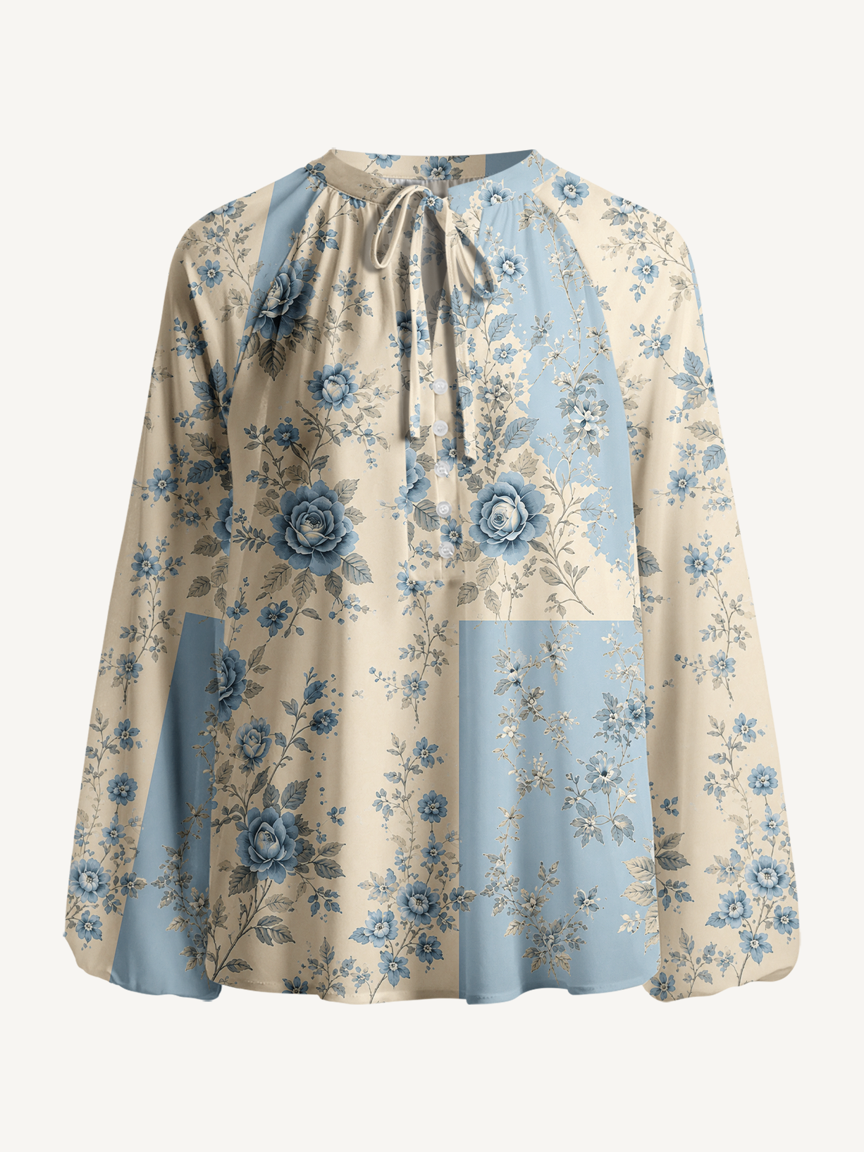 Blue Porcelain Rose Garden Boho Long Sleeve Tie‑Neck Blouse