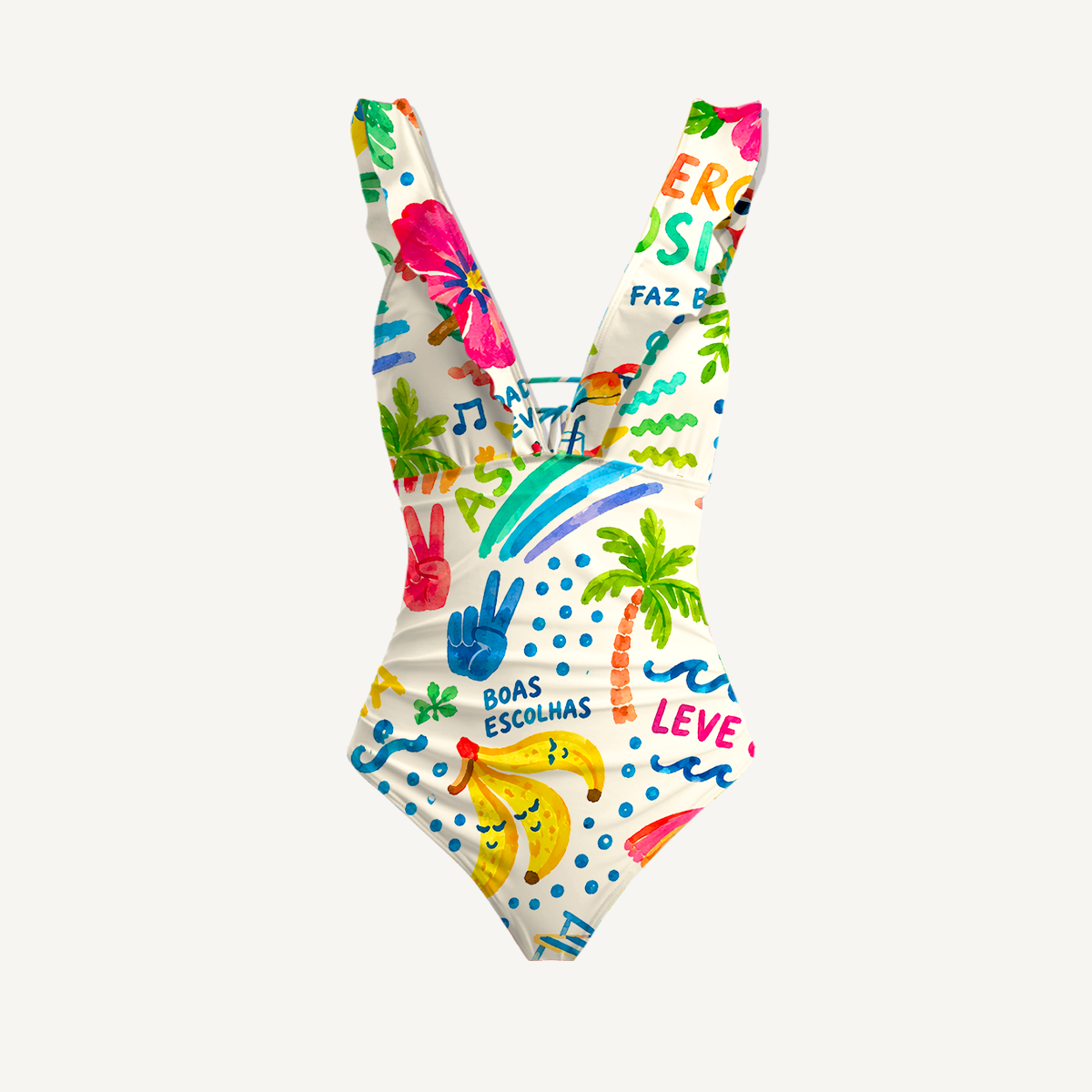 Rainbow Escape Ruffled V Neck One Piece Swimsuit and Matching Midi Skirt Set