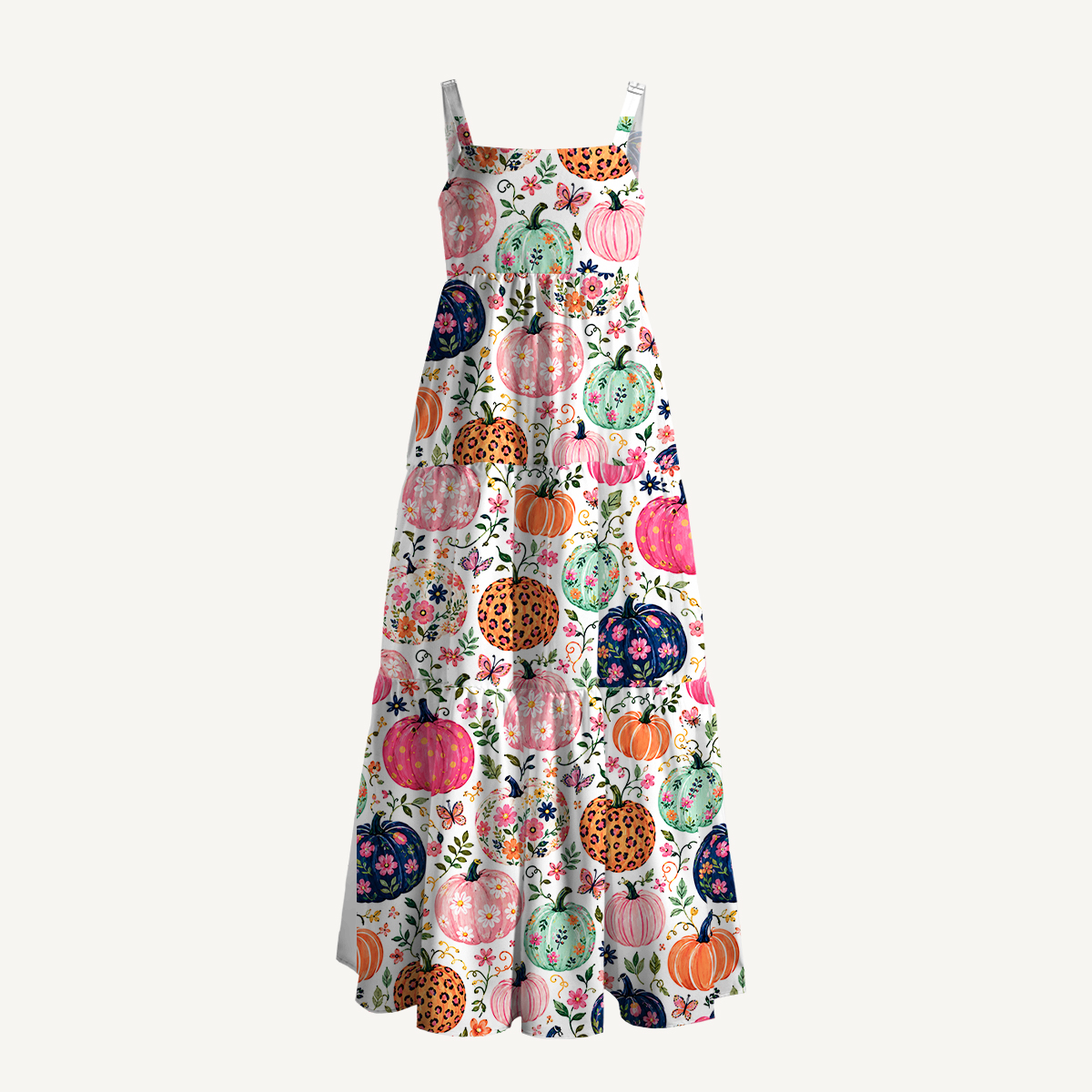 Floral Pumpkin Print Autumn Strap Maxi Dress With Pockets