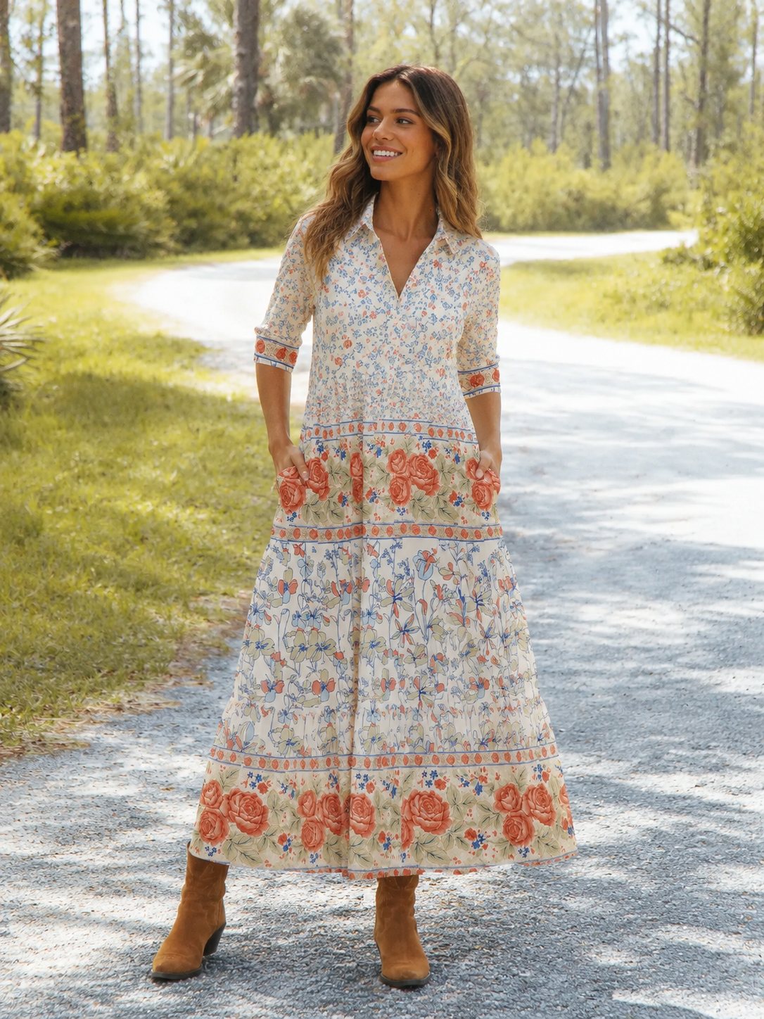 Wildflower & Rose Garden Print Elbow-Length Sleeve Maxi Dress With Pockets