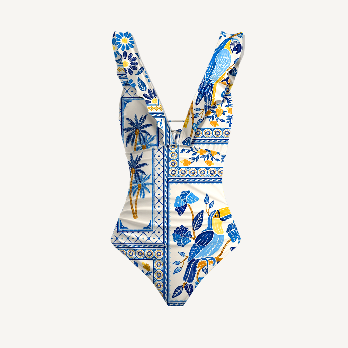 Blue Tropical Tile Ruffled V Neck One Piece Swimsuit and Matching Midi Skirt Set