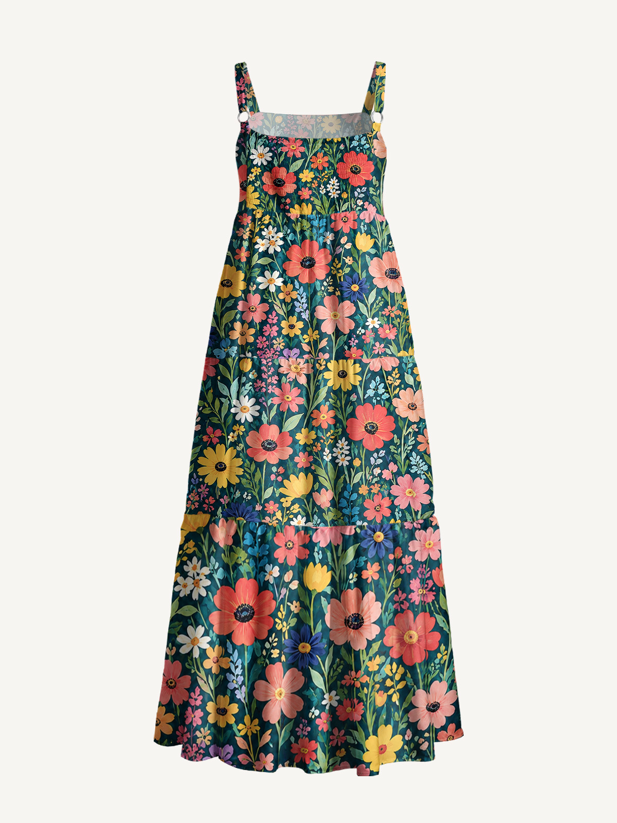 Dark Teal Wildflower Meadow Strap Maxi Dress With Pockets