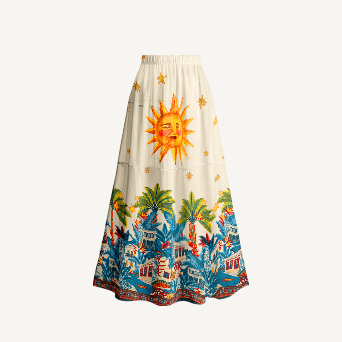 Retro Sun & Palm Ruffled V Neck One Piece Swimsuit and Matching Midi Skirt Set