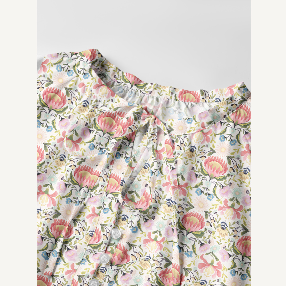 Pink Floral Lantern Motif Tie‑Neck Long Sleeve Mini Dress