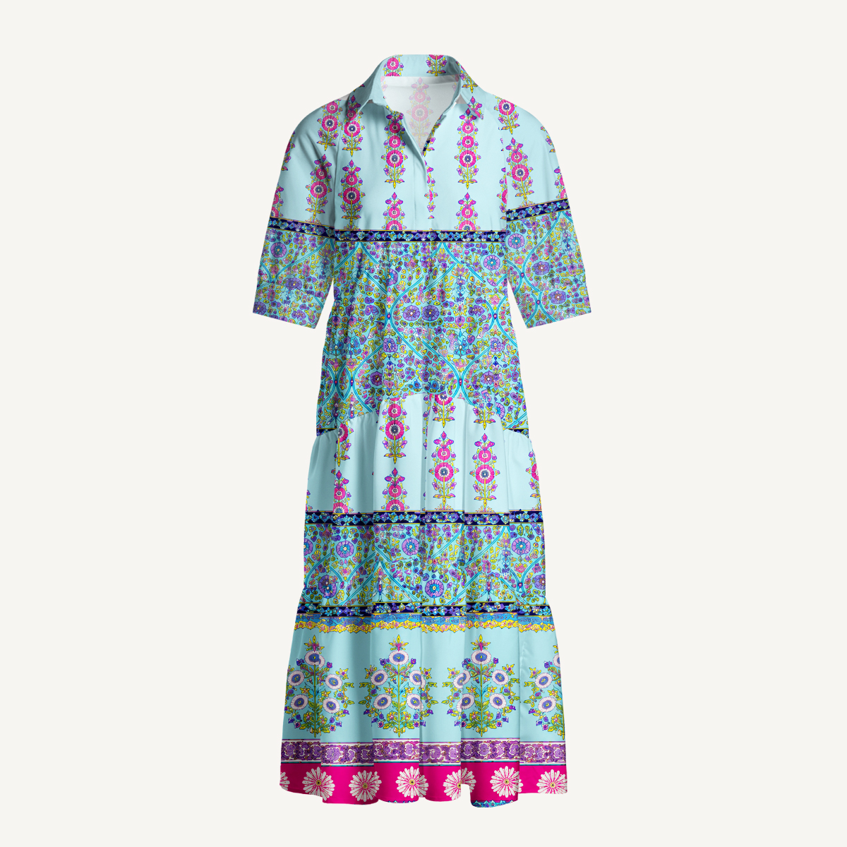Turquoise Palace Blooms Midi Dress With Pockets