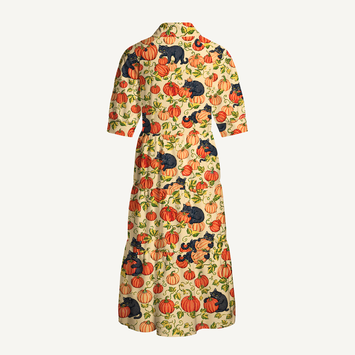 Black Cat & Pumpkin Patch Elbow-Length Sleeve Midi Dress