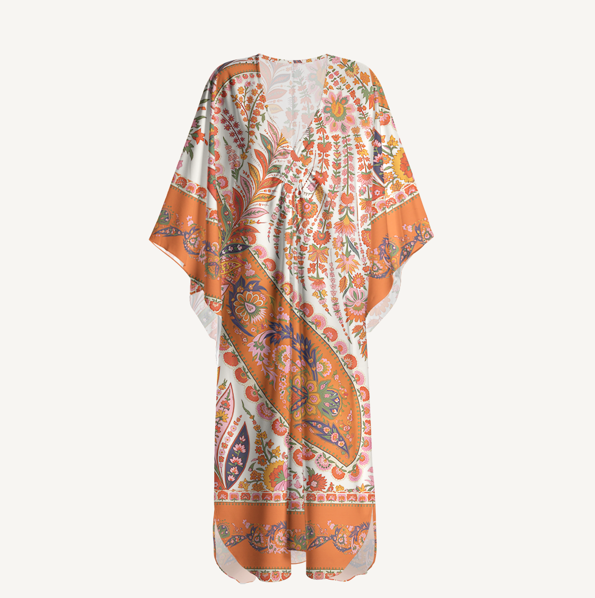 Coral Cascade Paisley Blossoms Soft Kaftan Maxi Dress