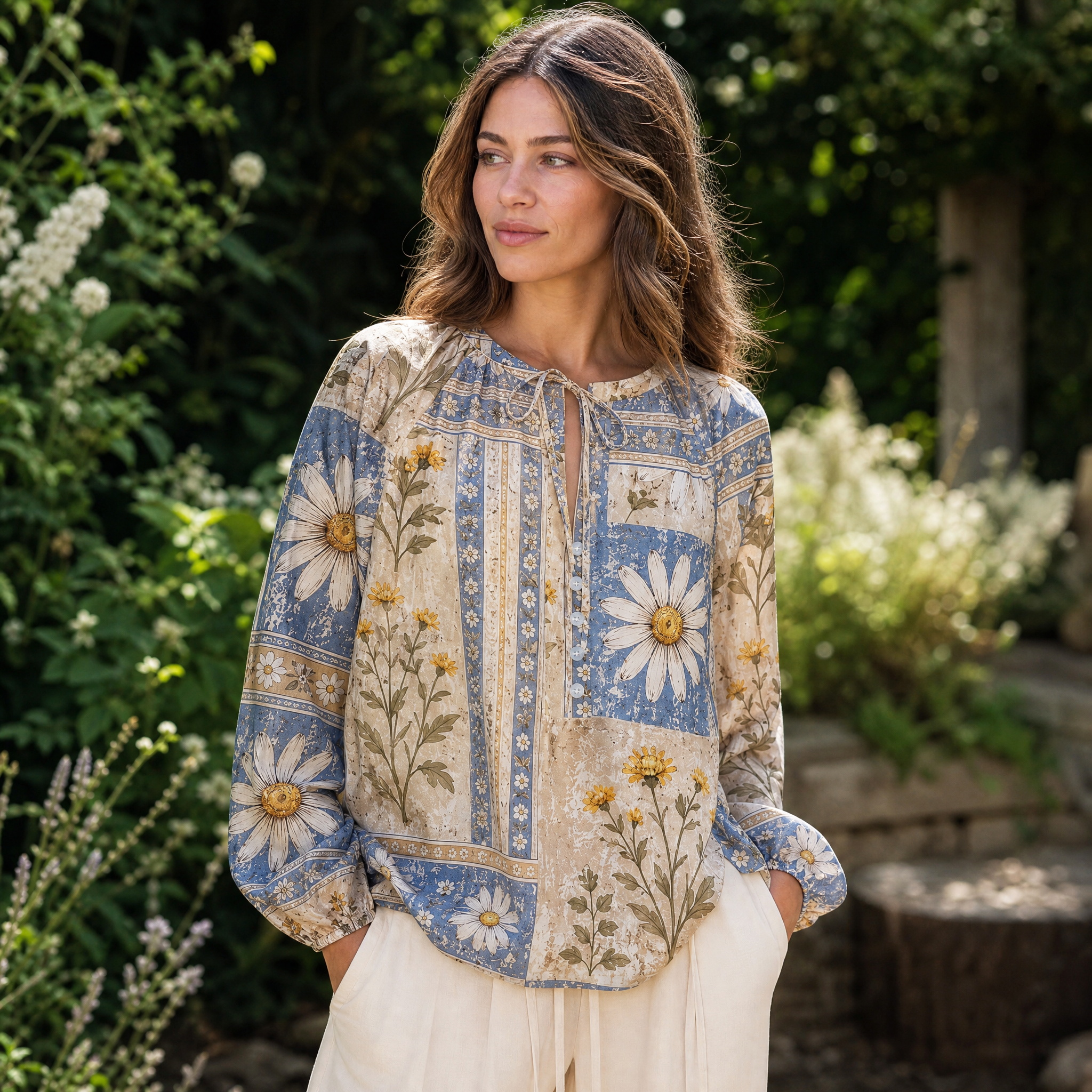 Rustic Daisy Patchwork Boho Long Sleeve Tie‑Neck Blouse