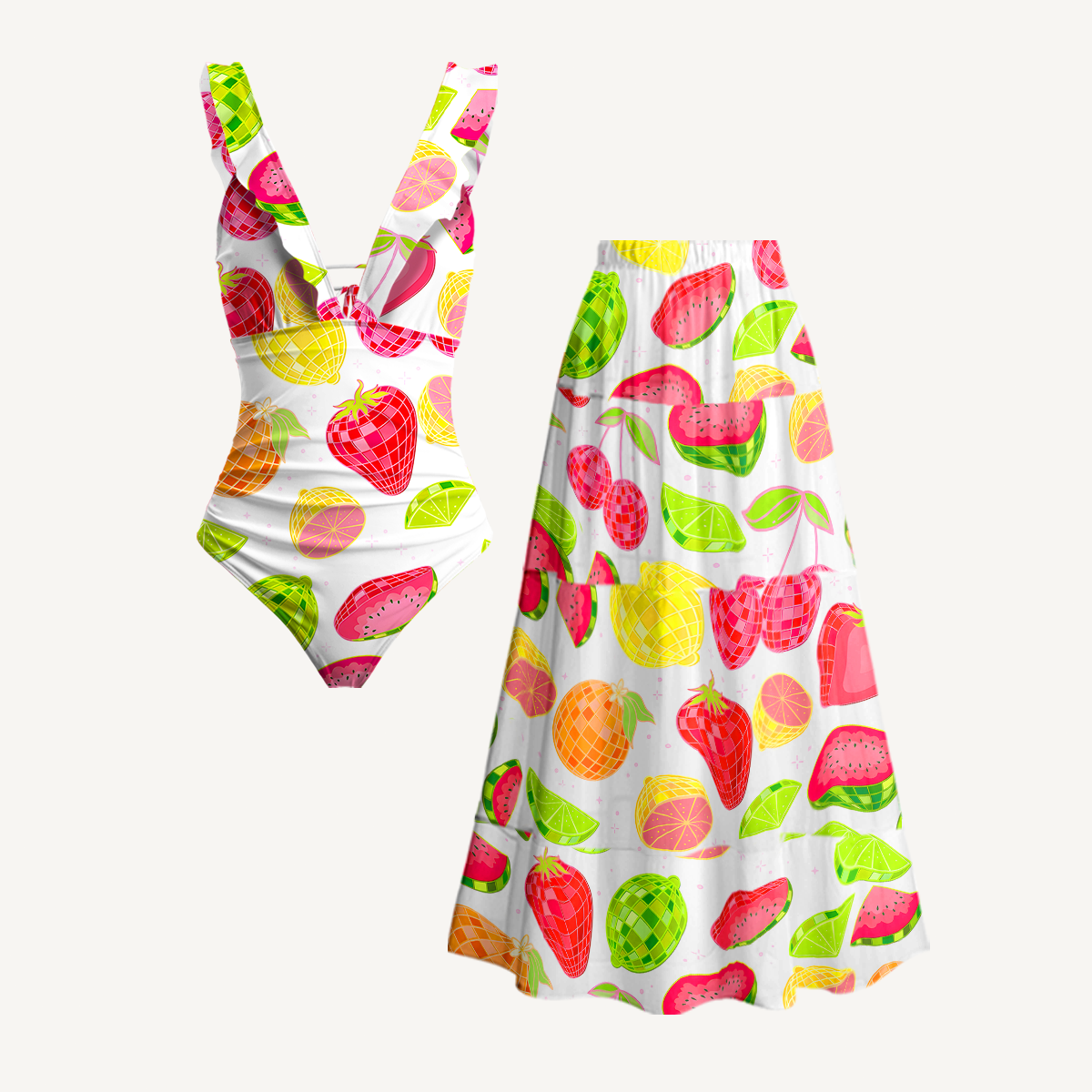 Tropical Fruit Market Print V Neck Swimsuit Sets