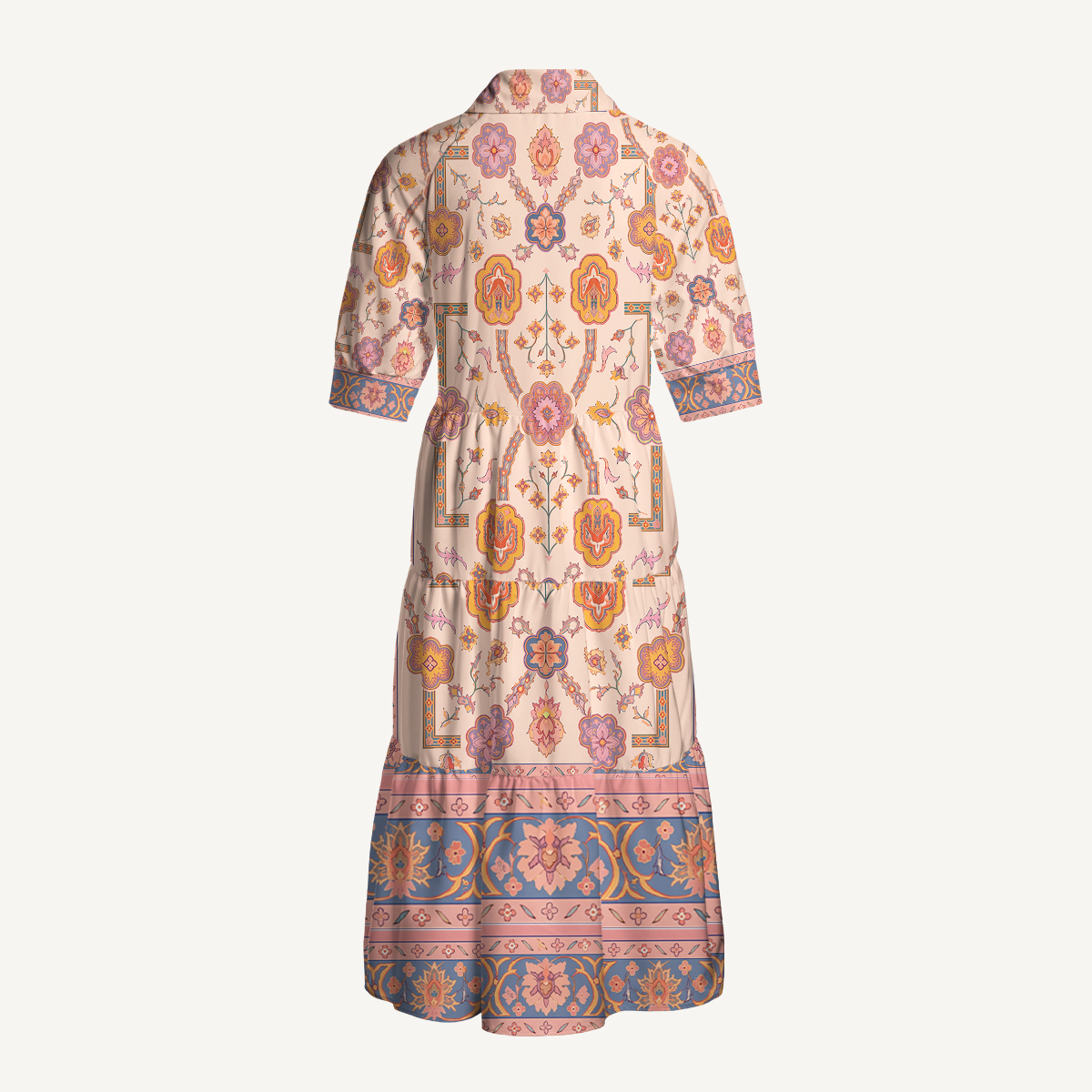 Boho Inspired Symmetrical Floral Elbow-Length Sleeve Midi Dress For Women