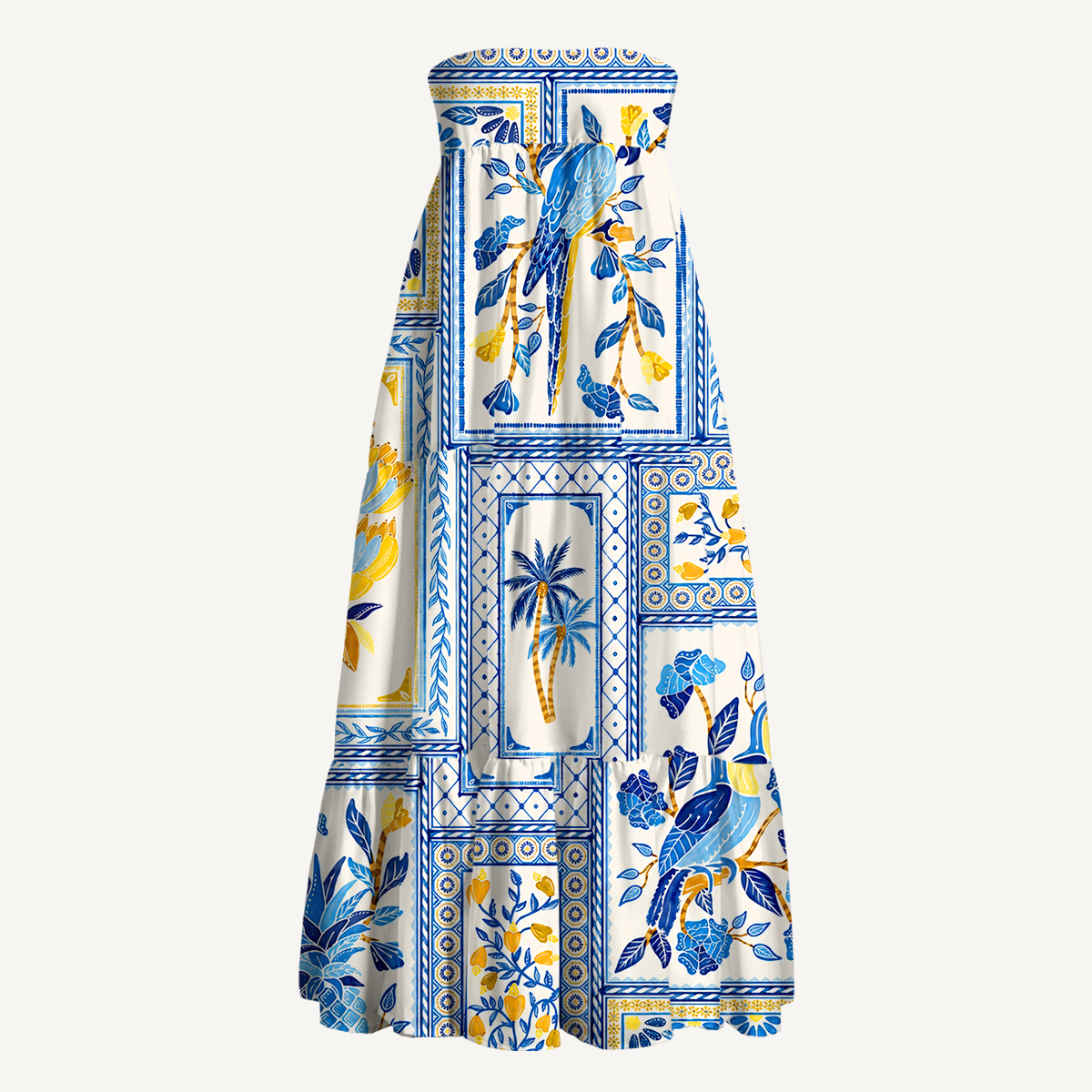 Blue Tropical Tile Maxi Skirt & Strapless Dress  