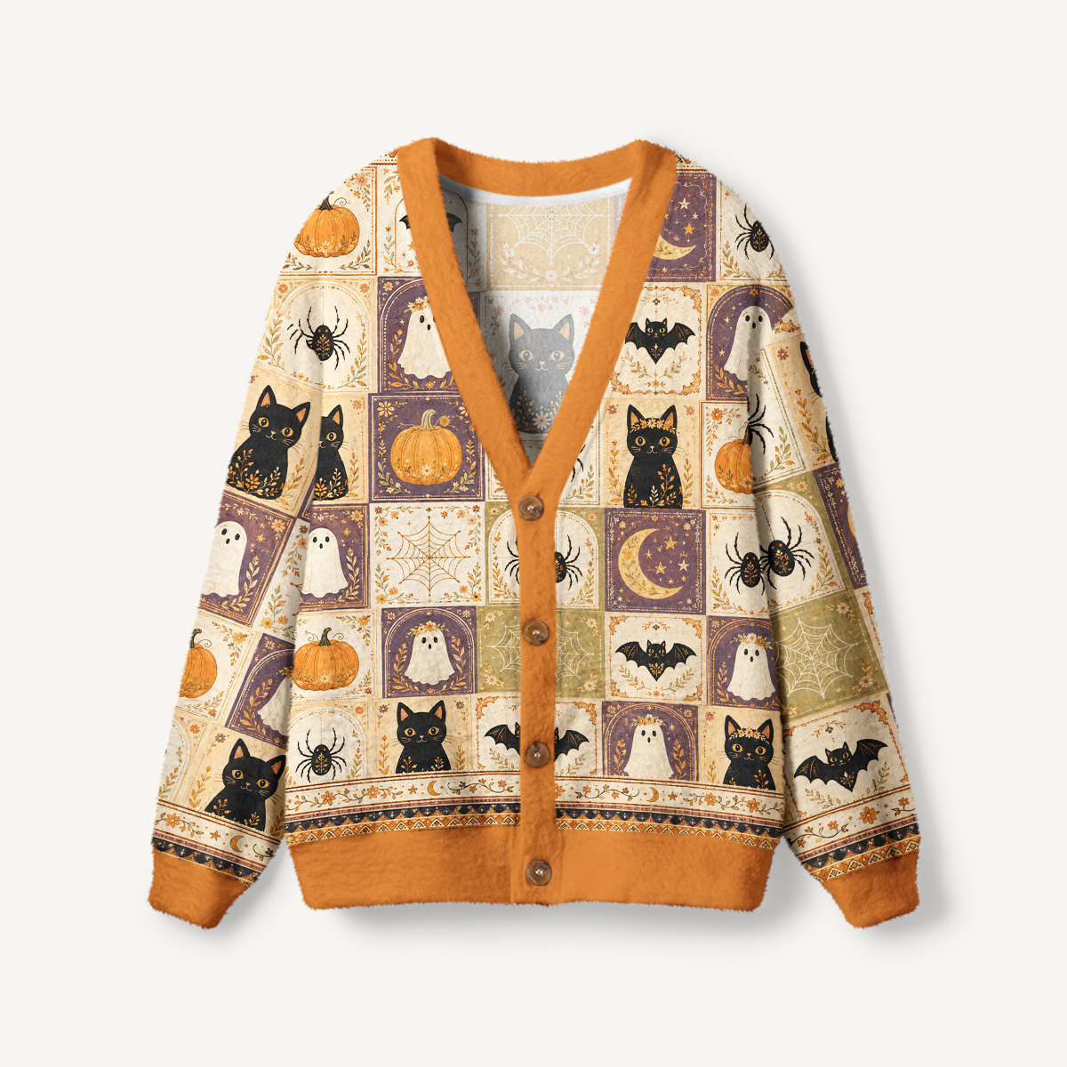 Halloween Cat & Pumpkin Patchwork Print Cardigan Sweaters