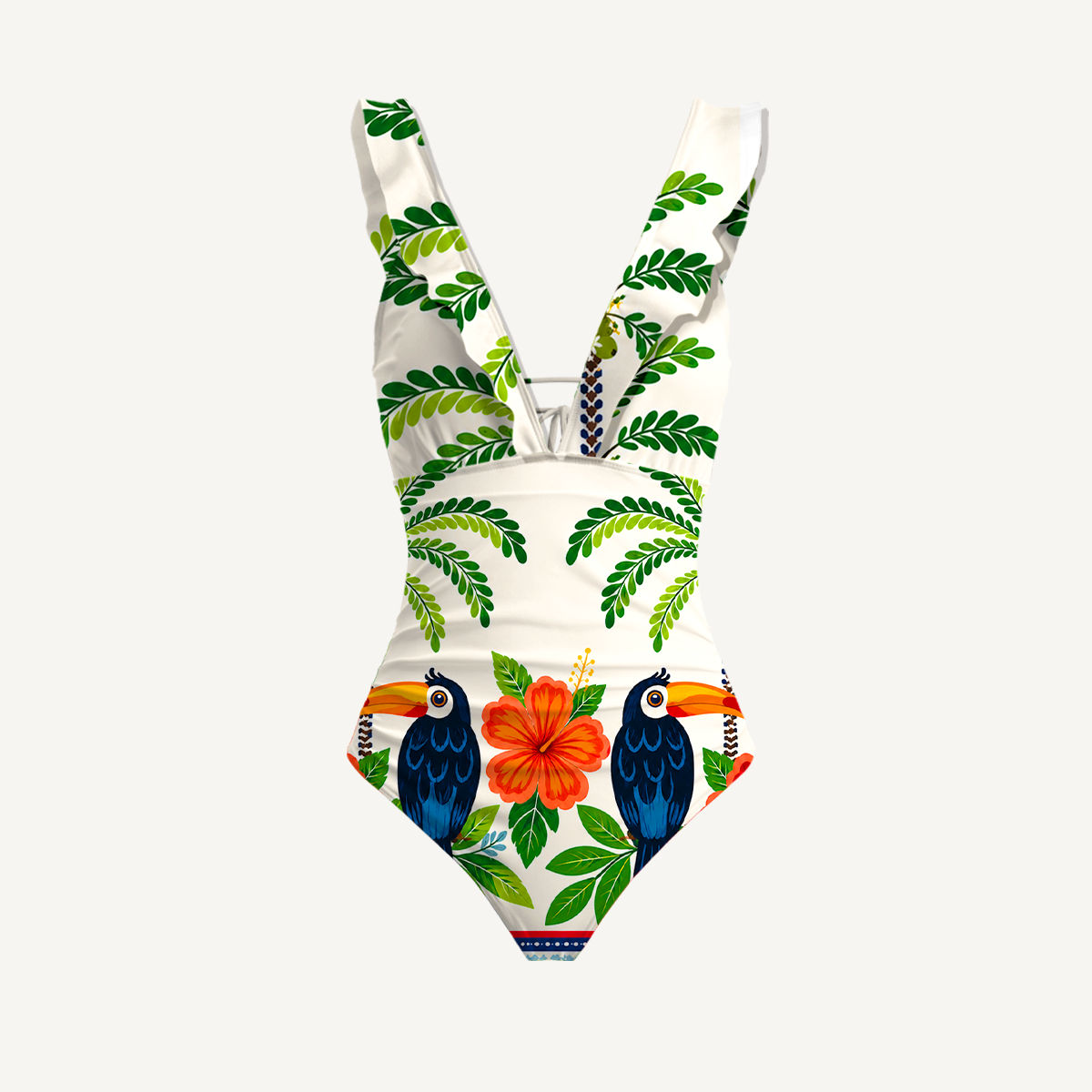 Vibrant Tropical Toucan Ruffled V Neck One Piece Swimsuit and Matching Midi Skirt Set