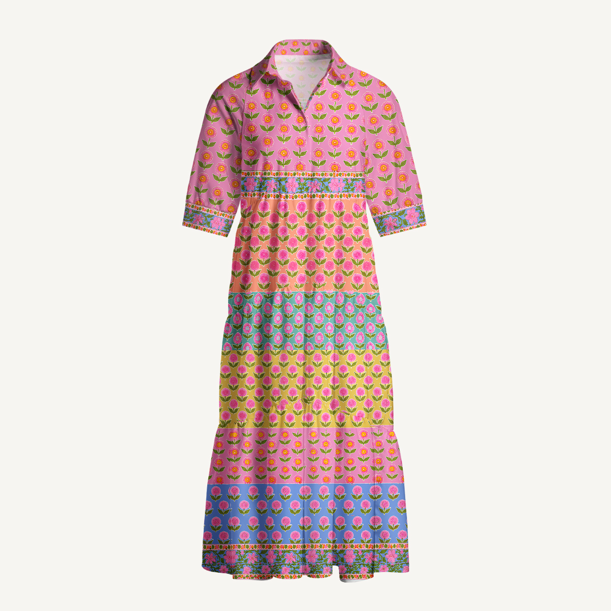 Colorful Floral Patchwork Boho Elbow-Length Sleeve Midi Dress
