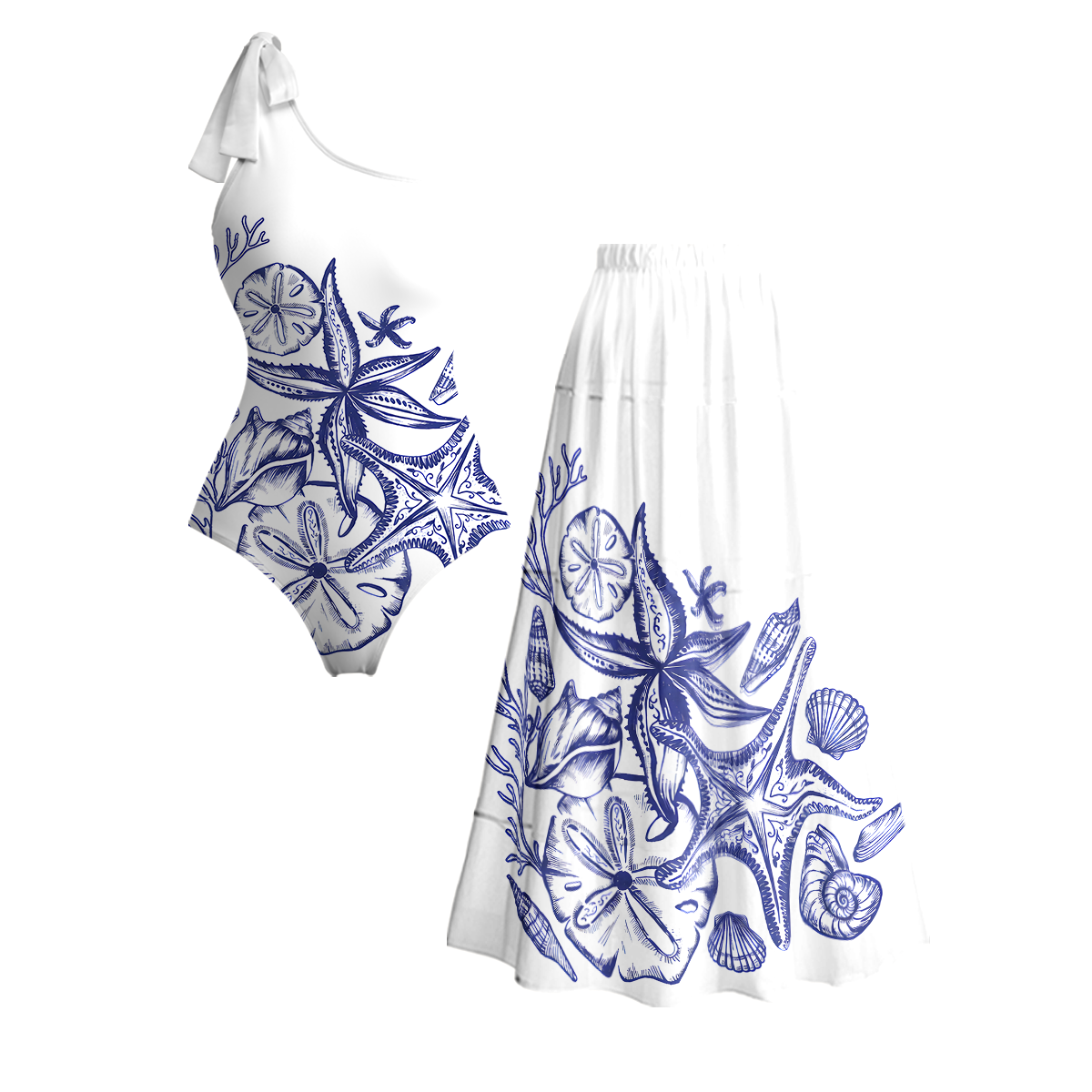 Coastal Nautical Starfish One Shoulder One Piece Swimsuit and Matching Sarong Set for Women