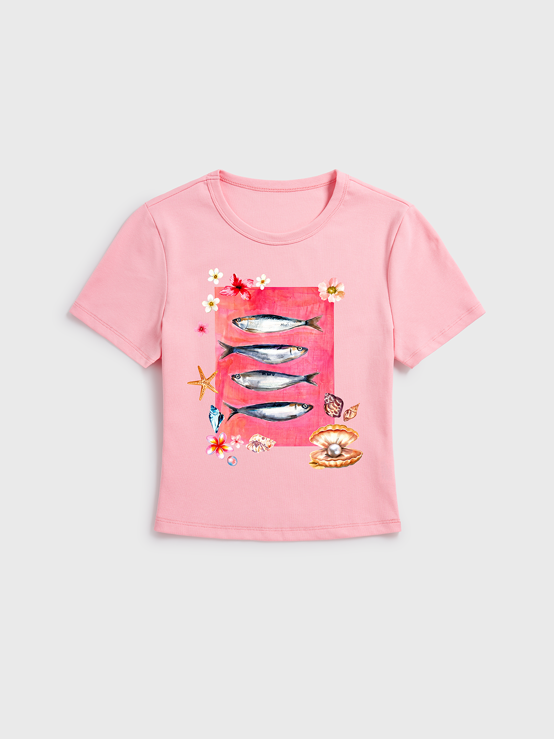 Pink Ocean Life Print Crew Neck Cotton Tee
