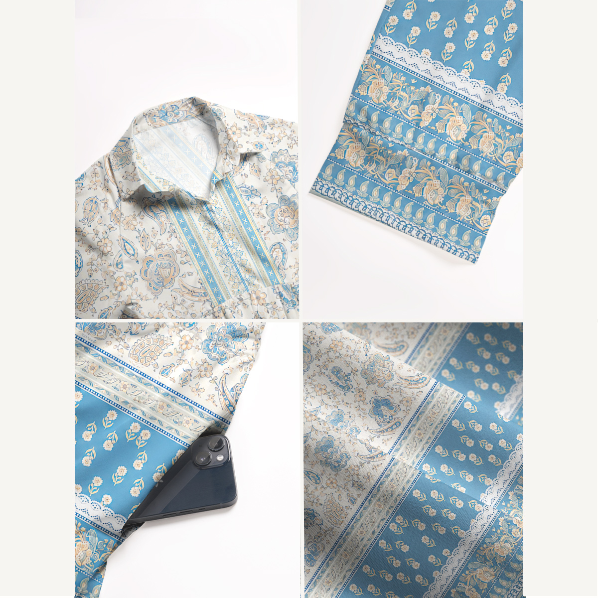 Blue Vintage Floral Border Elbow-Length Sleeve Maxi Dress
