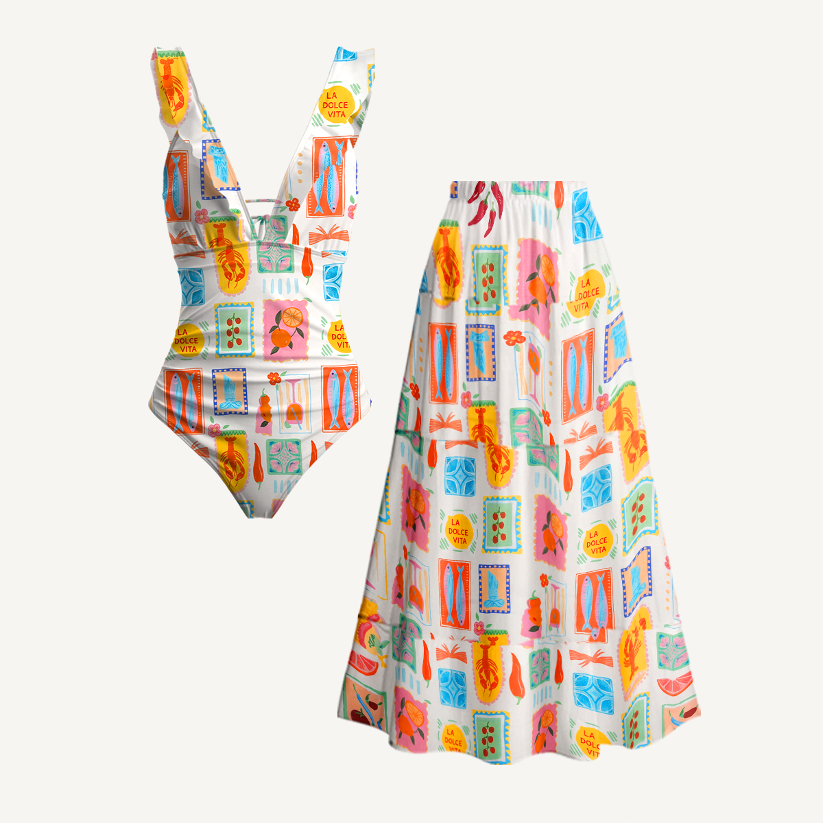 Tropical Stamp Print Ruffled V Neck One Piece Swimsuit and Matching Midi Skirt Set