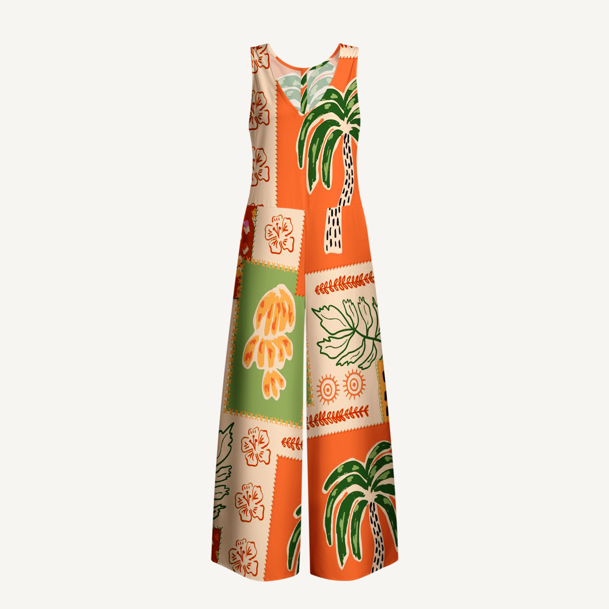Boho Palm & Hibiscus Print Jumpsuit with Pockets for Women