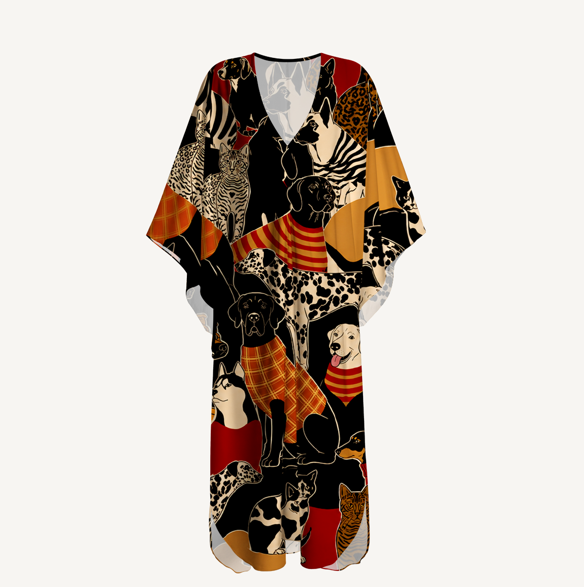 Patterned Cats & Dogs Kimono Sleeve Kaftan Dress
