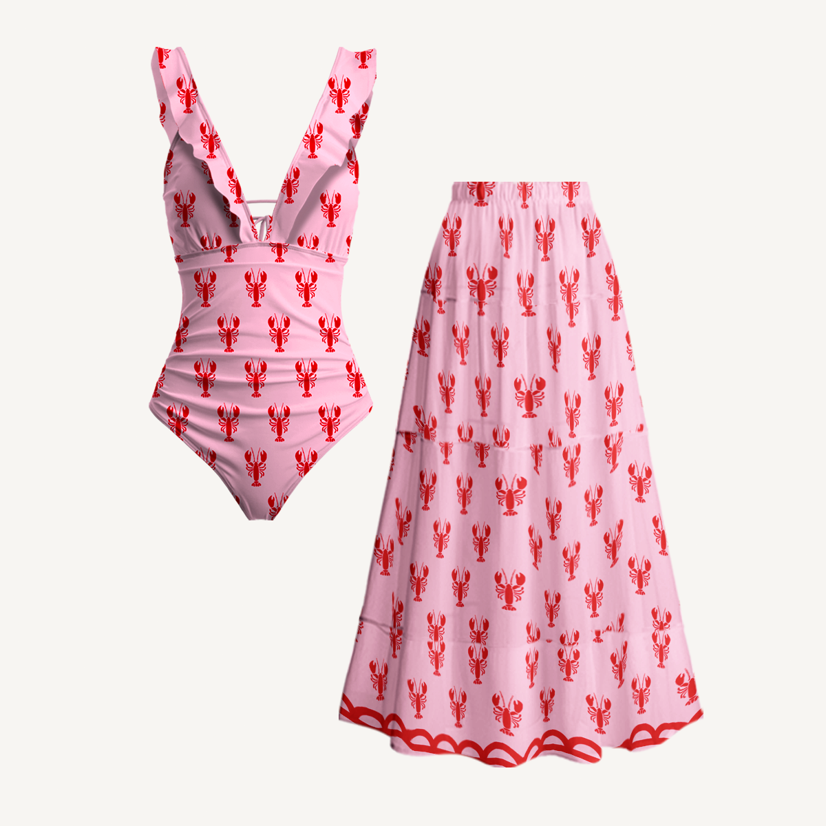 Pink Lobster Ruffled V Neck One Piece Swimsuit and Matching Midi Skirt Set