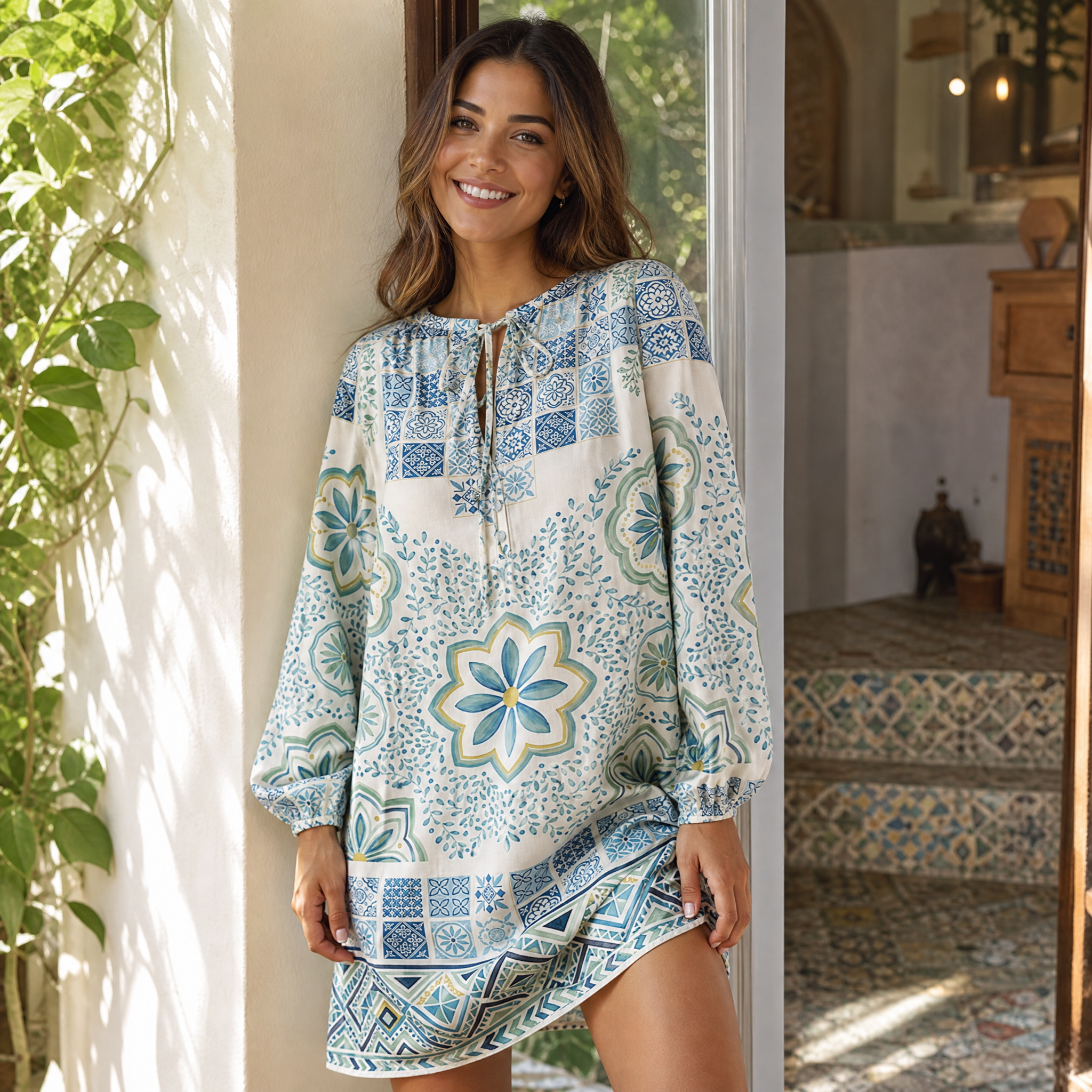 Mediterranean Mosaic Blooms Boho Long Sleeve Mini Dress