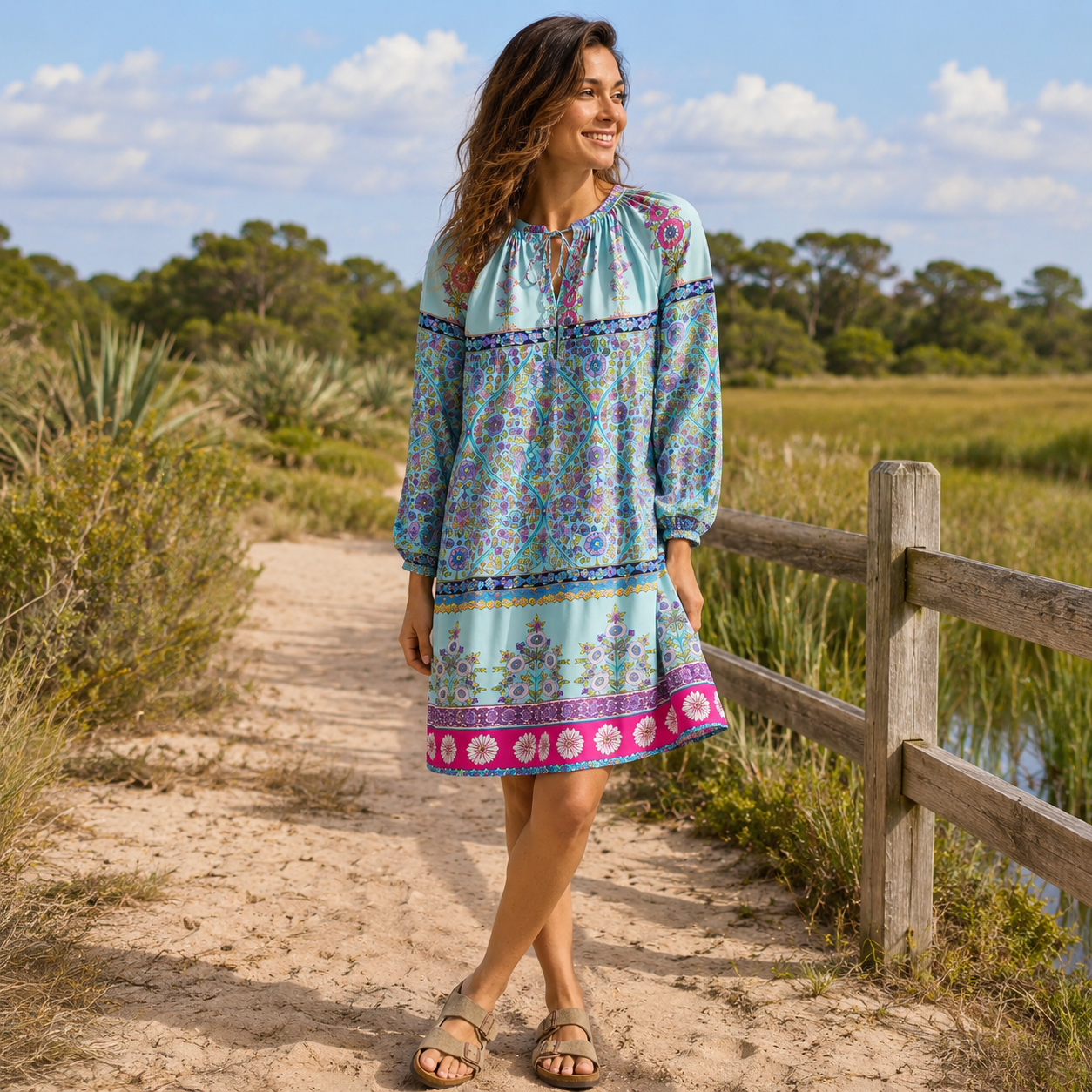 Turquoise Palace Blooms Tie‑Neck Long Sleeve Mini Dress