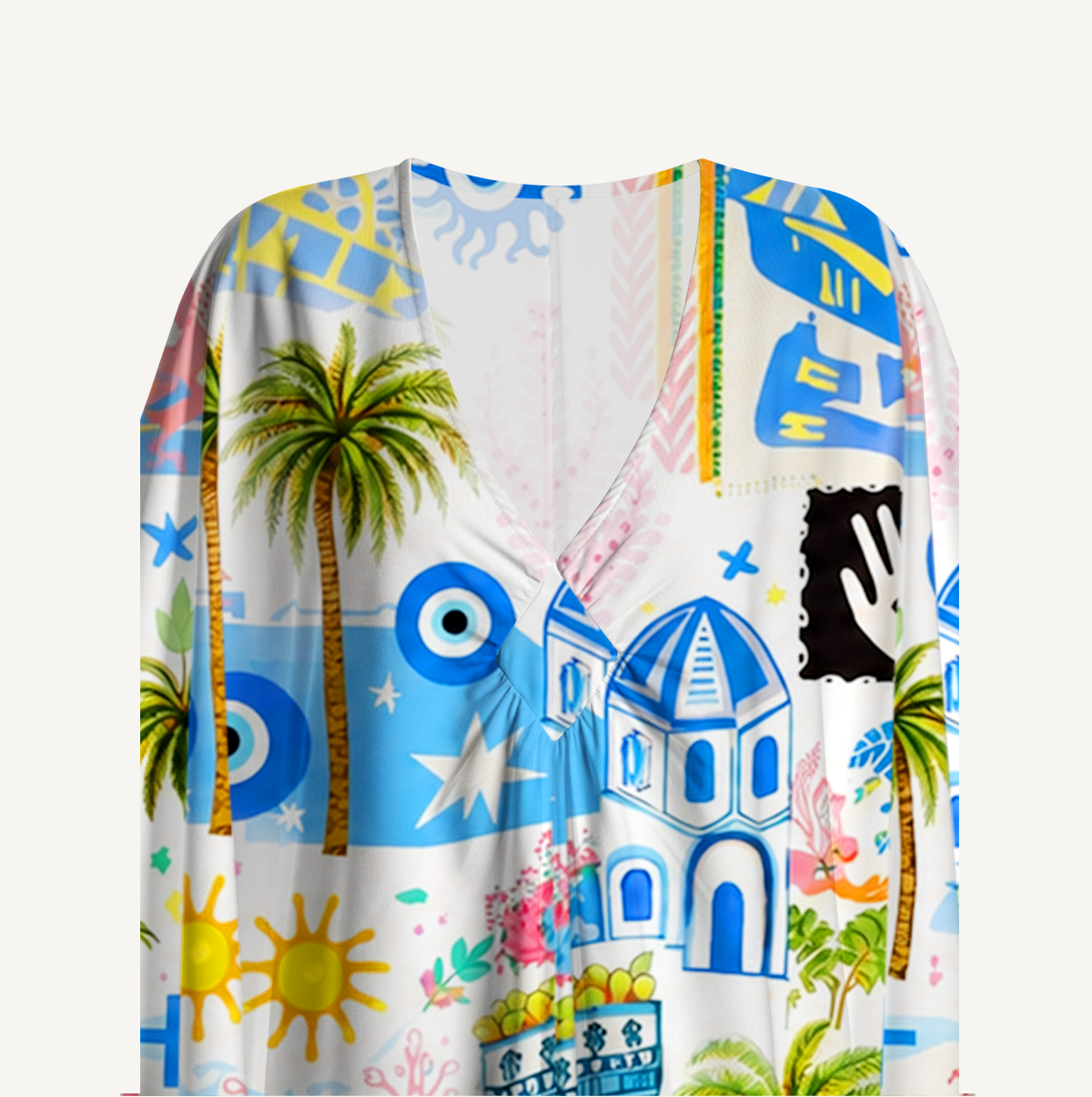 Greek Island Charms Pattern Kimono Sleeve Kaftan Dress