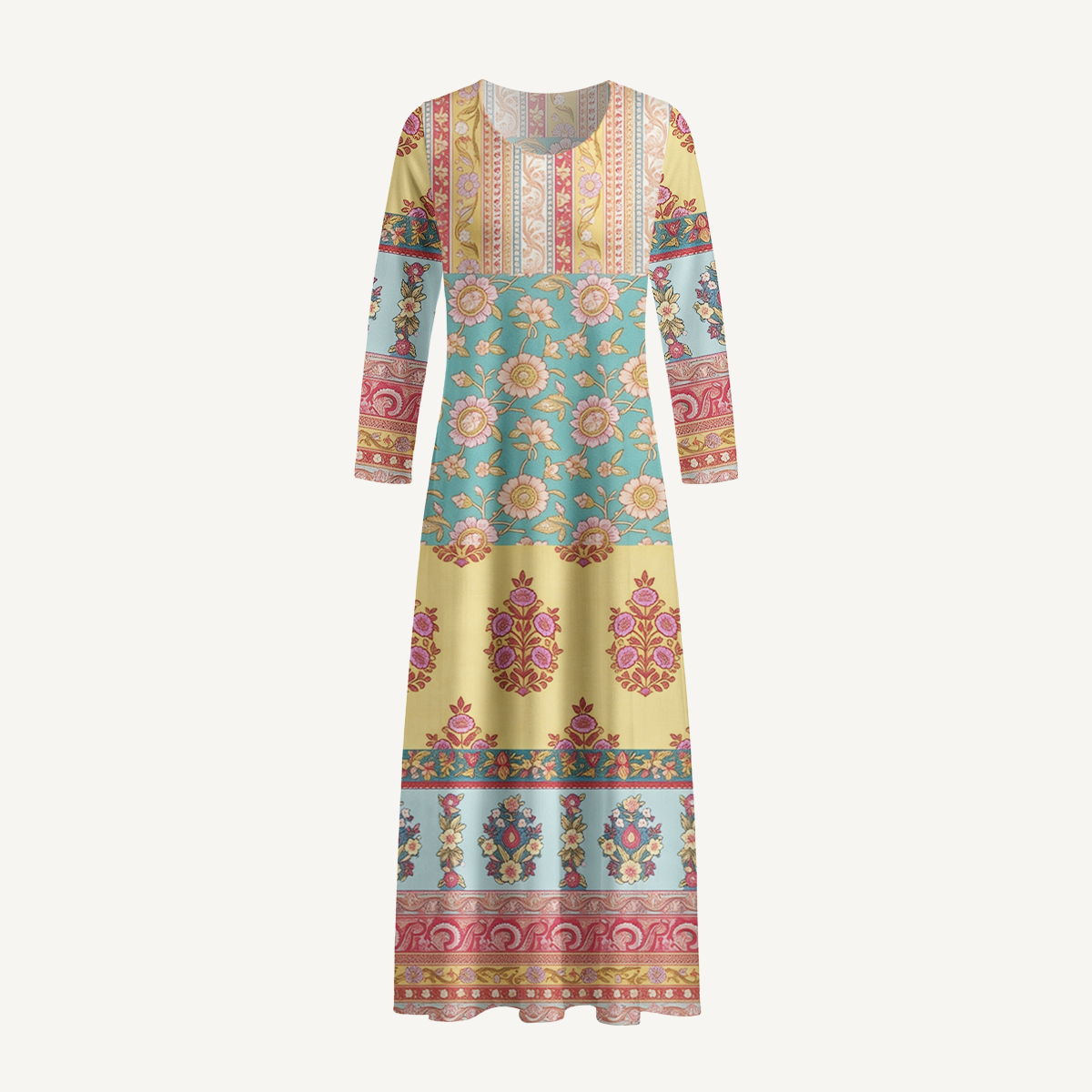 Paisley Inspired Pattern Print Soft-Touch Stretch Knit Long Sleeve Maxi Dress with Pockets