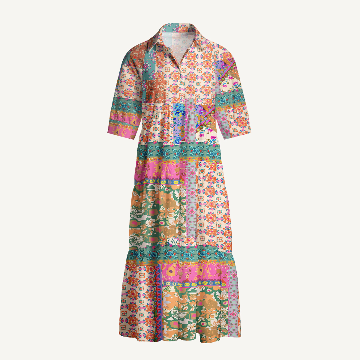 Boho Inspired Floral Patchwork Elbow-Length Sleeve Midi Dress