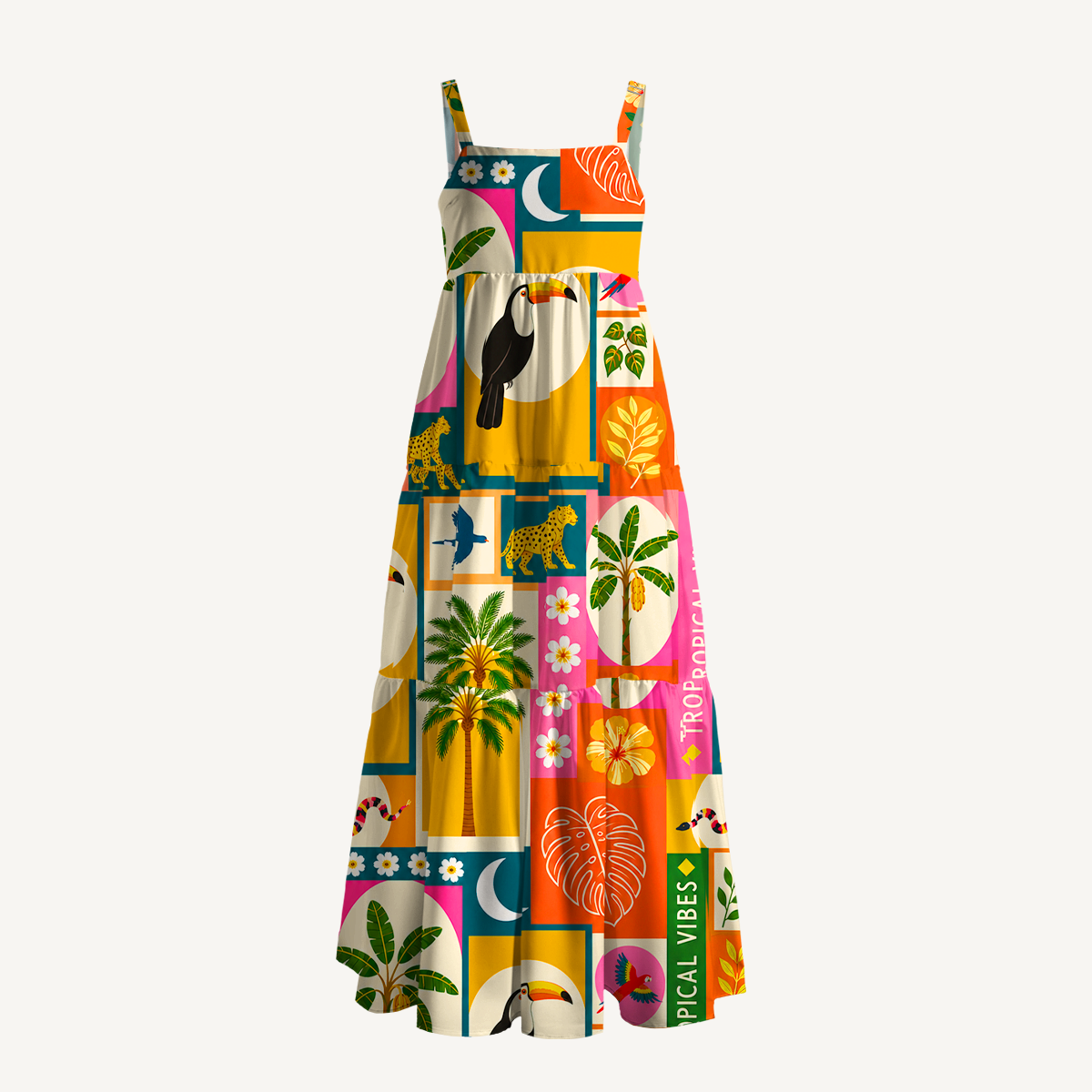 Tropical Patchwork Wide Straps Maxi Dress With Pockets