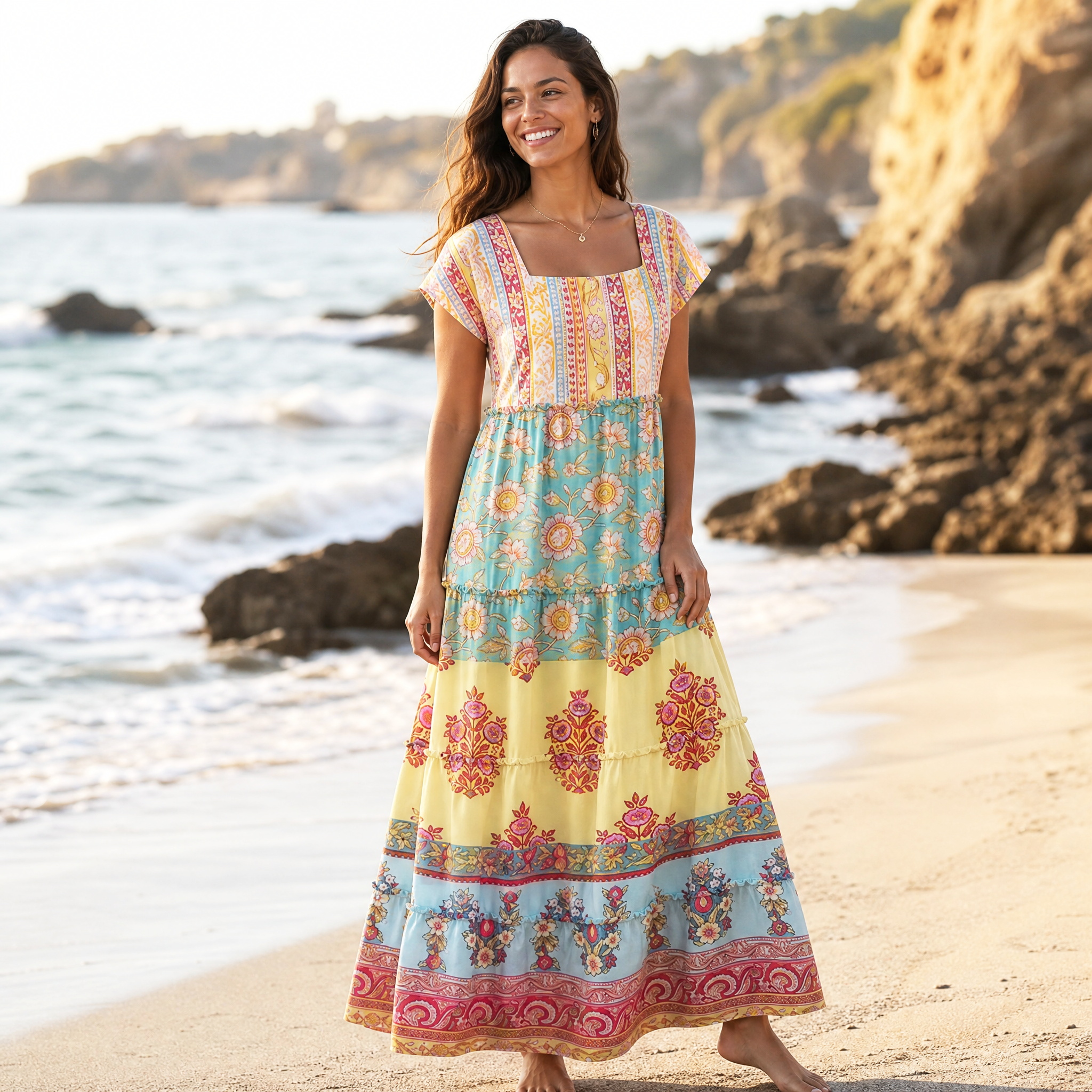 Paisley Inspired Pattern Square Neckline Cap Sleeve Maxi Dress