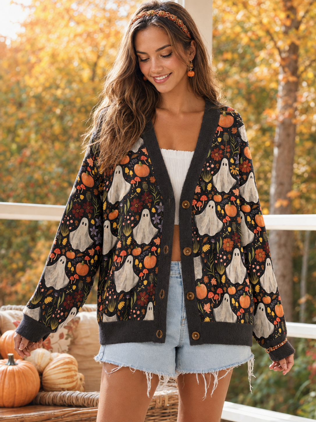 Midnight Pumpkin Ghost Garden Halloween Ugly Cardigan Sweaters