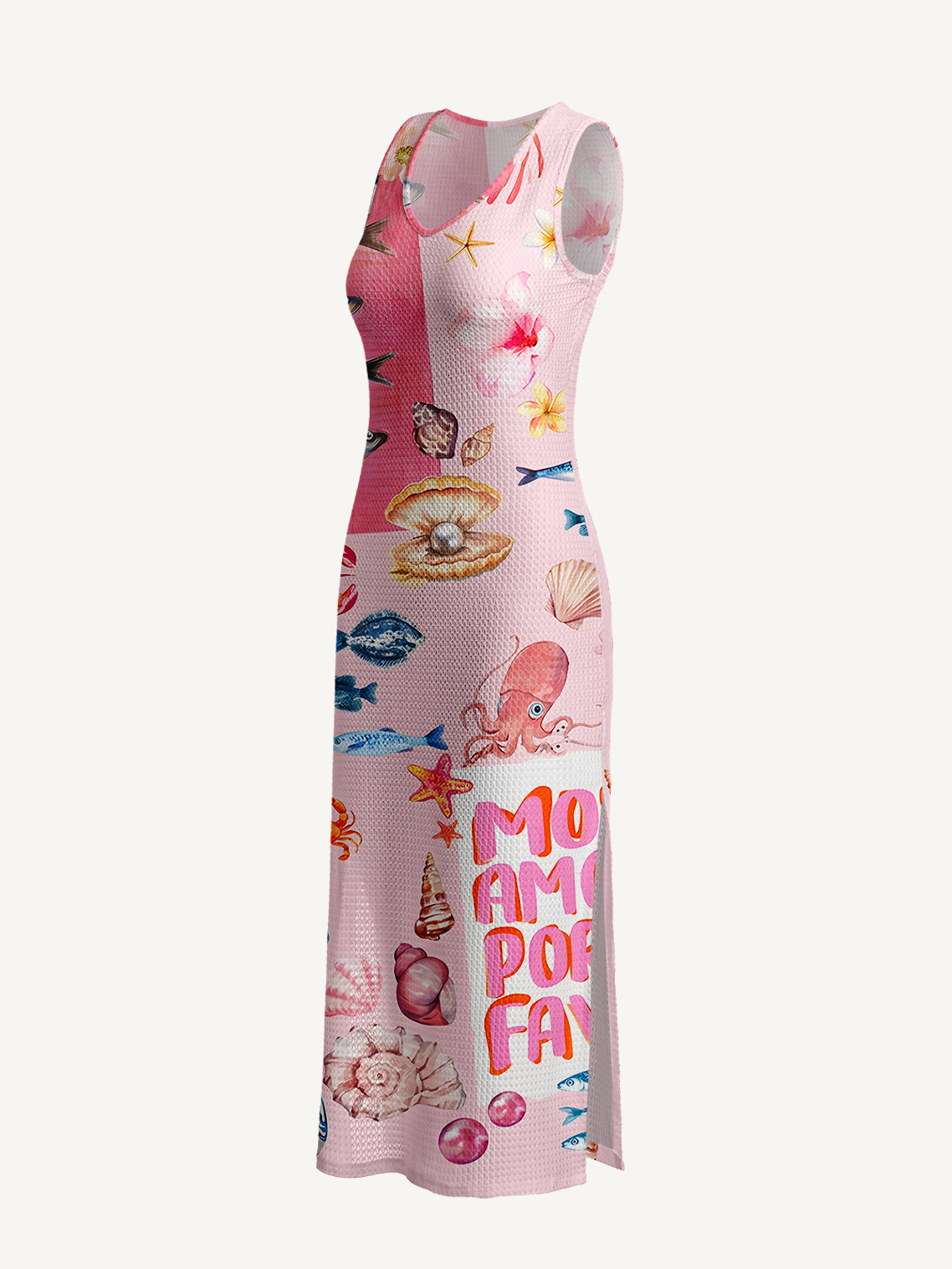 Pink Ocean Life Printed Crochet Knit Midi Dress