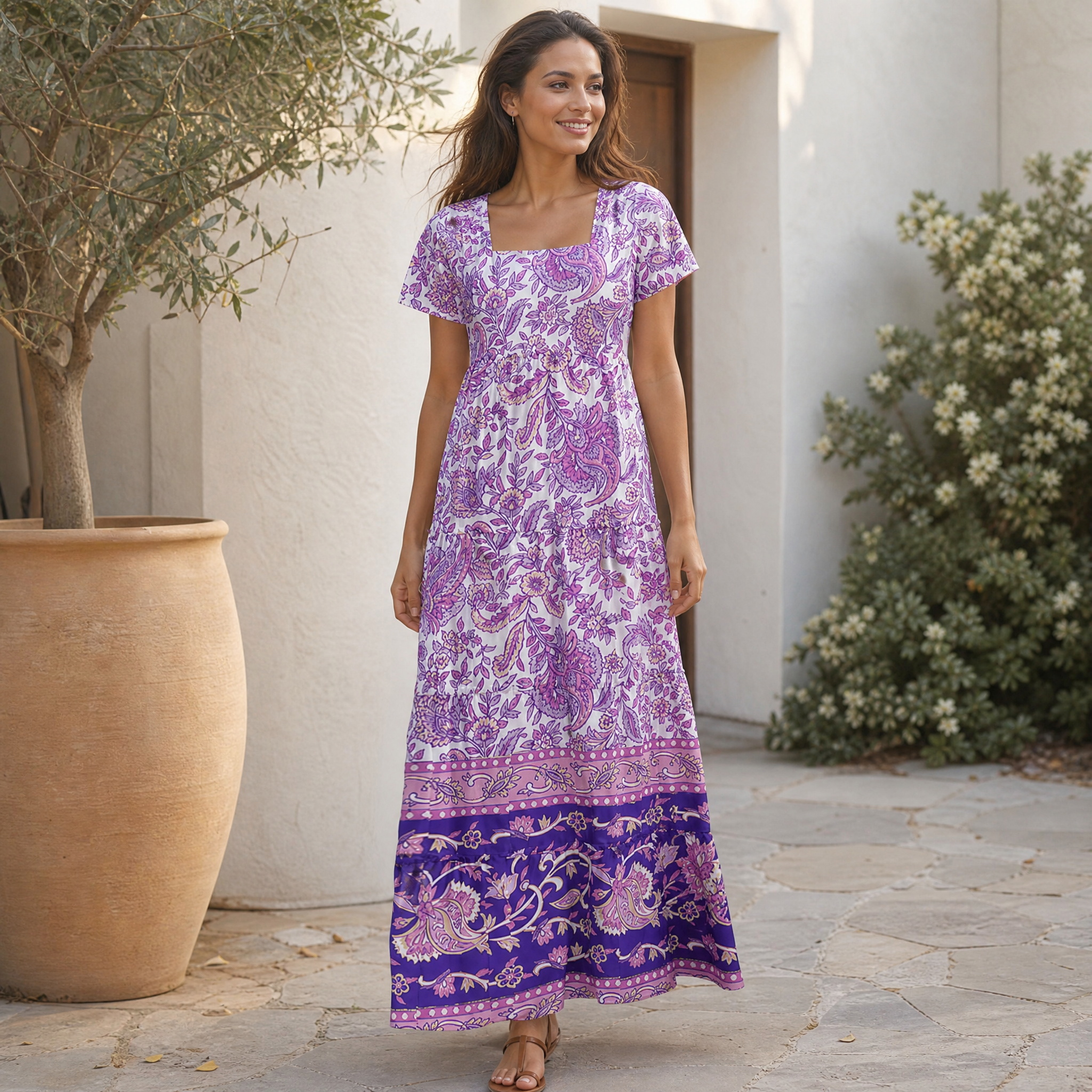 Violet Paisley Garden Square Neckline Cap Sleeve Maxi Dress