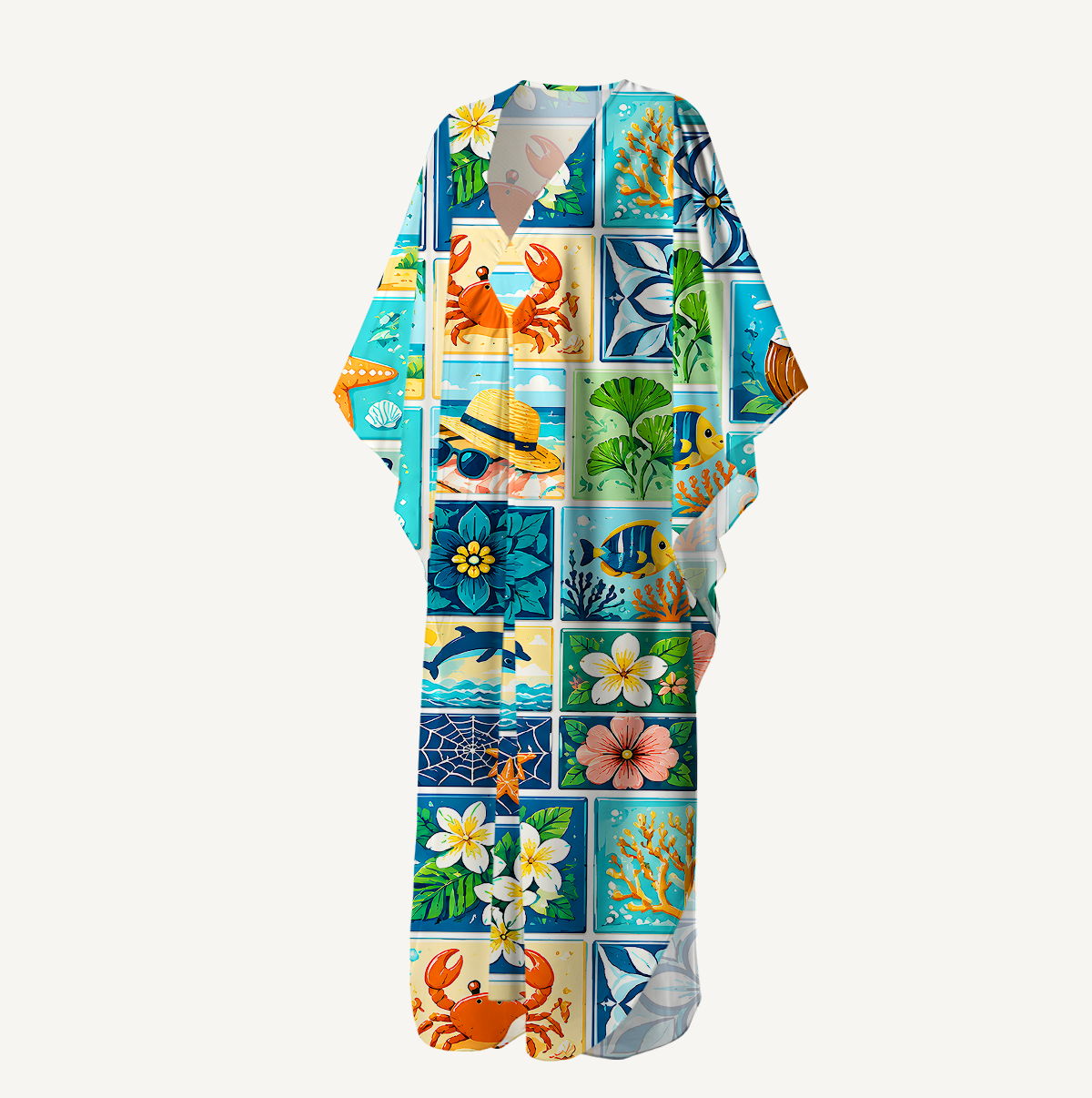 Ocean Paradise Patchwork Kimono Sleeve Kaftan Dress