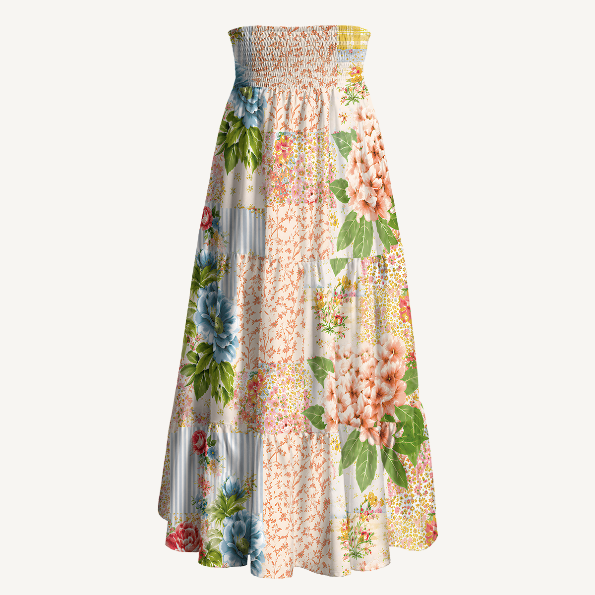 Vintage Cottage Garden Quilt Print Convertible Maxi Skirt & Strapless Dress