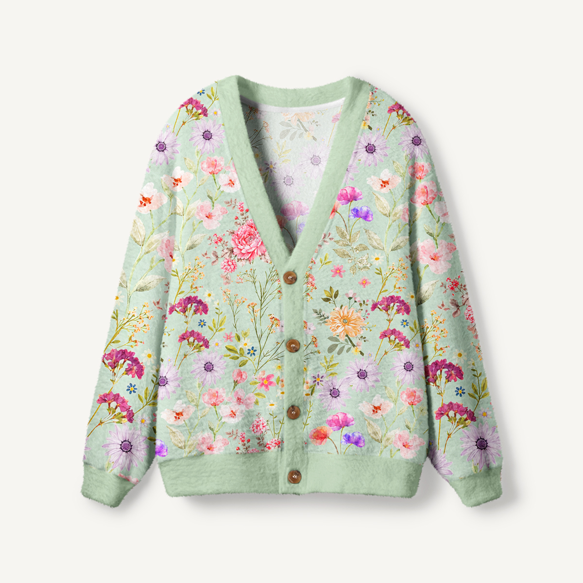 Sage Green Watercolor Meadow Cardigan Sweaters