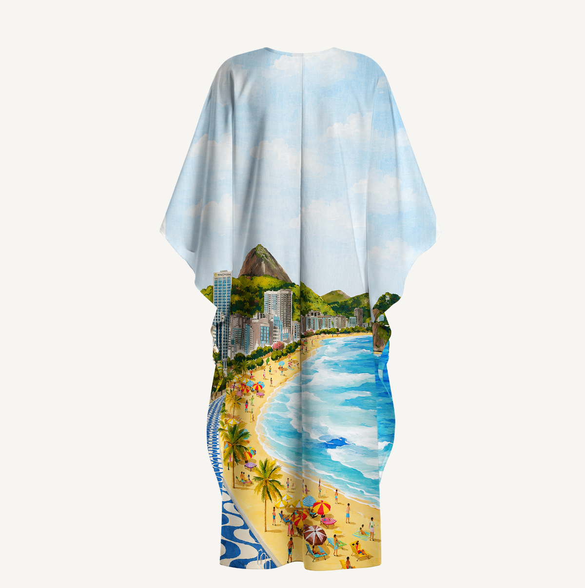 Rio Beach Scene Kimono Sleeve Kaftan Dress