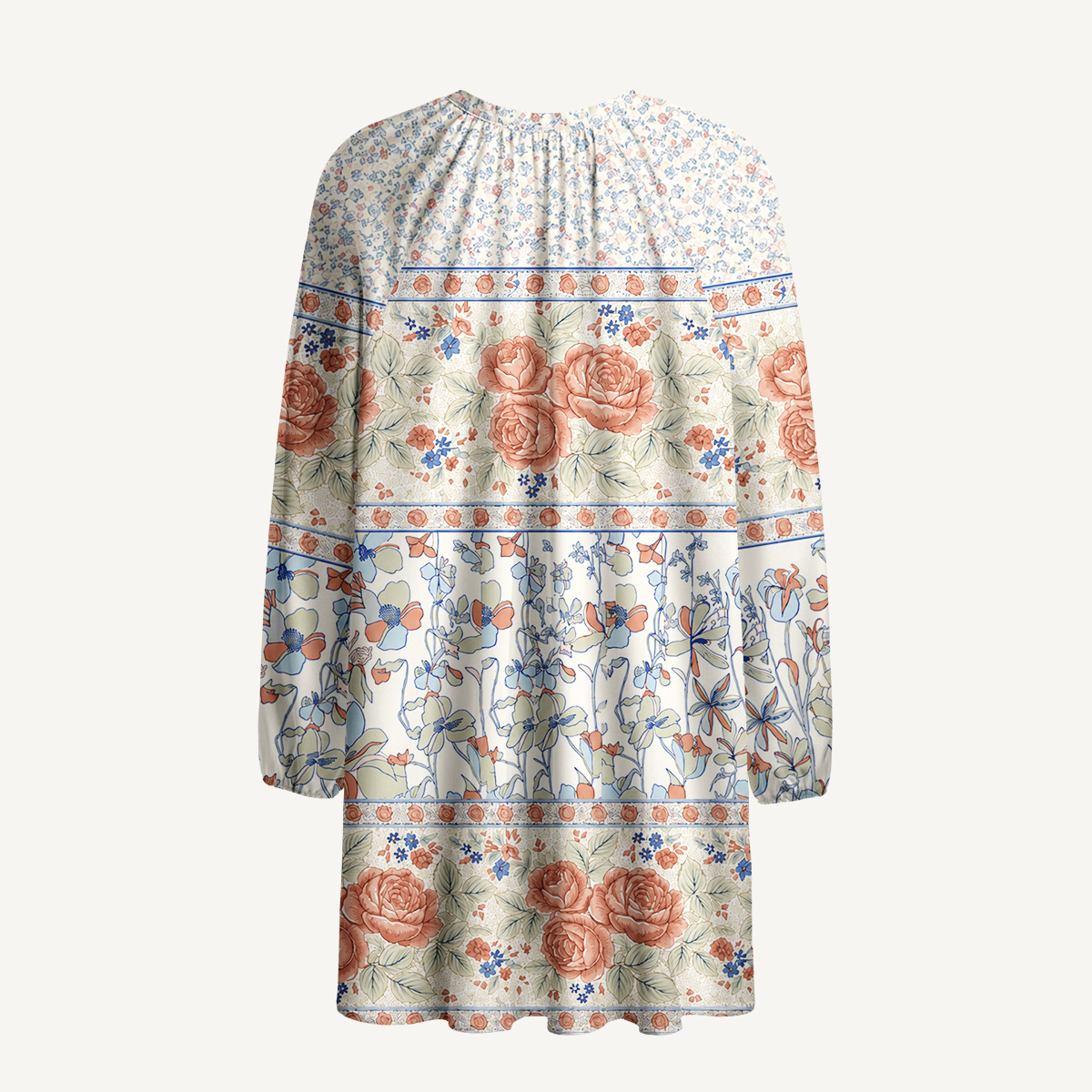 Wildflower & Rose Garden Print Tie‑Neck Long Sleeve Mini Dress