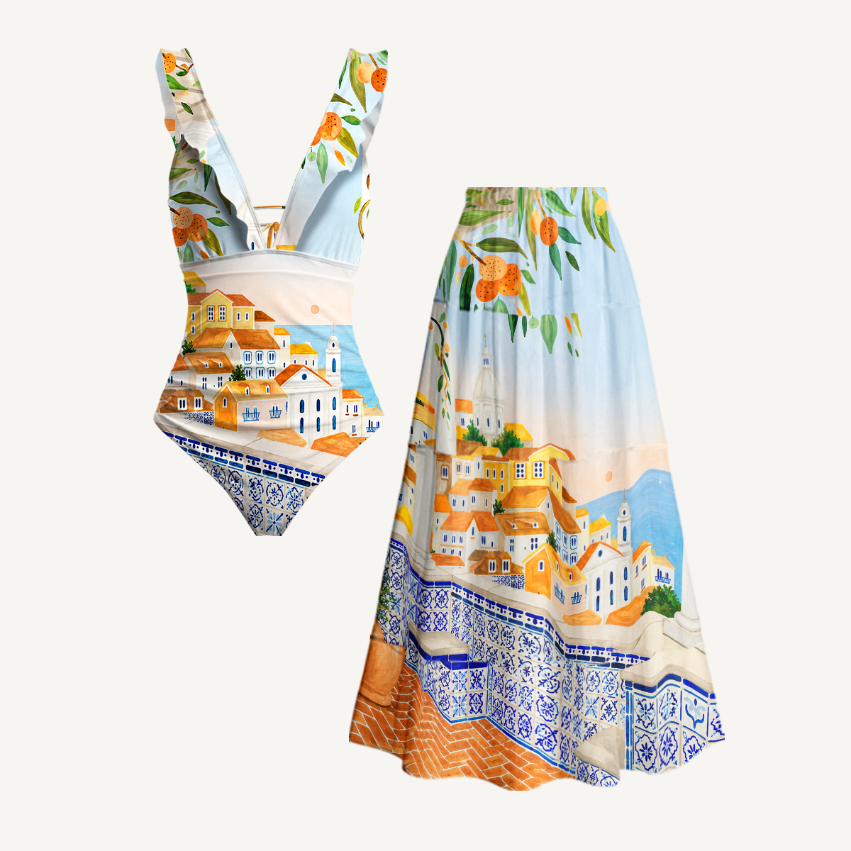 Lisbon Cityscape Ruffled V Neck One Piece Swimsuit and Matching Midi Skirt Set